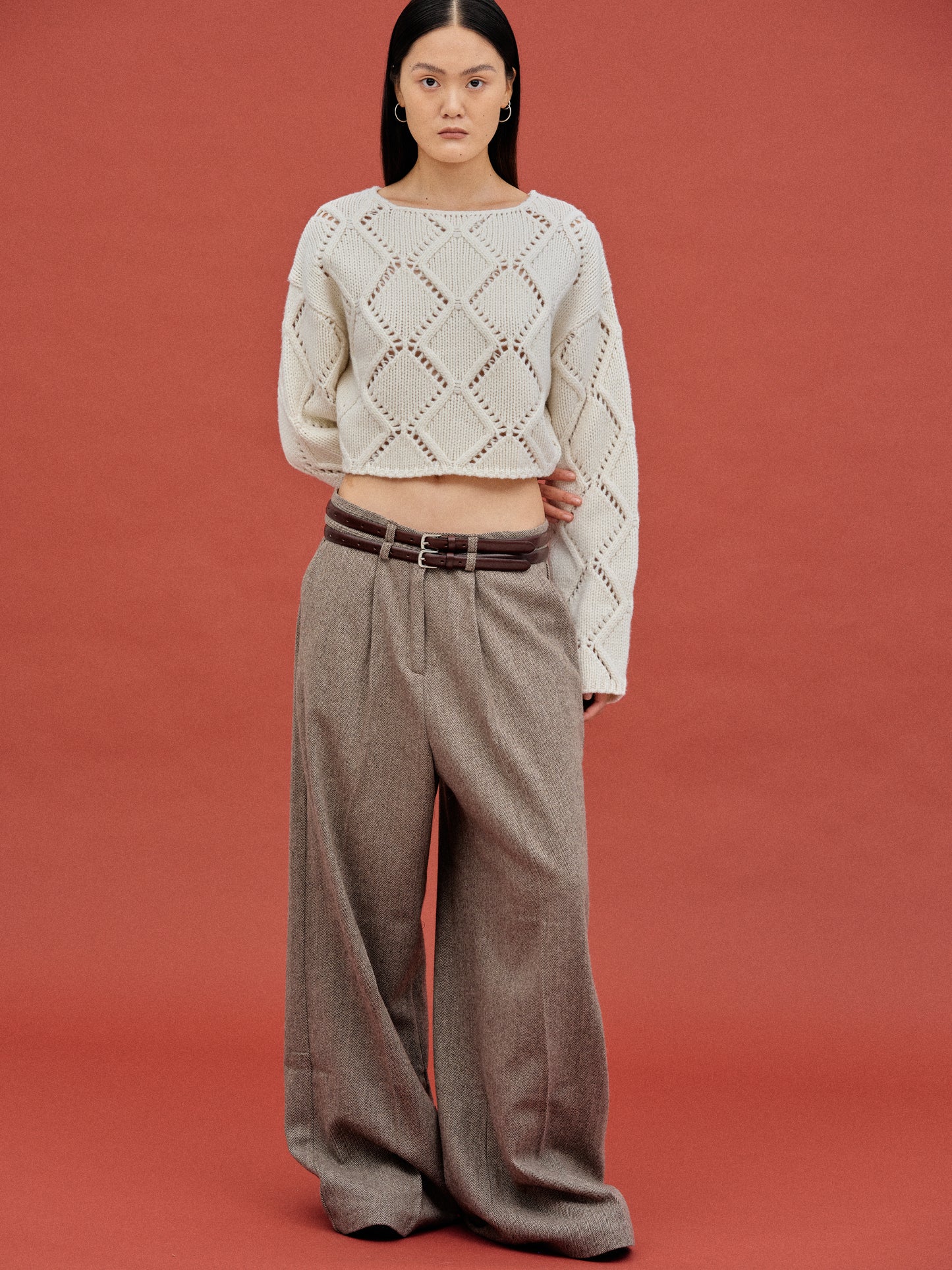 Oversized Wool Trousers, Brown Melange