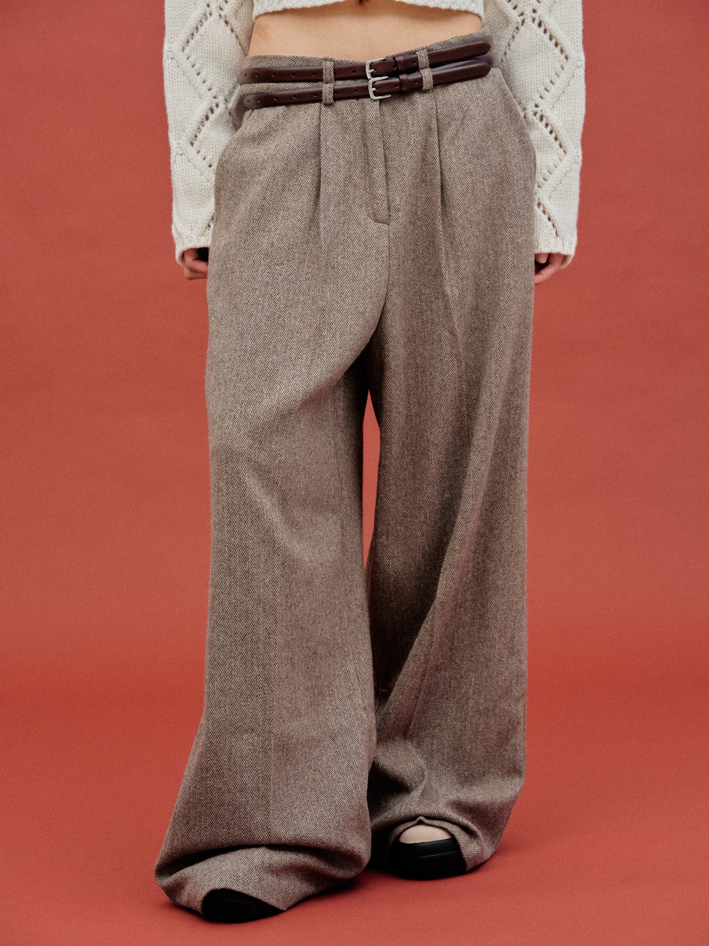 Oversized Wool Trousers, Brown Melange