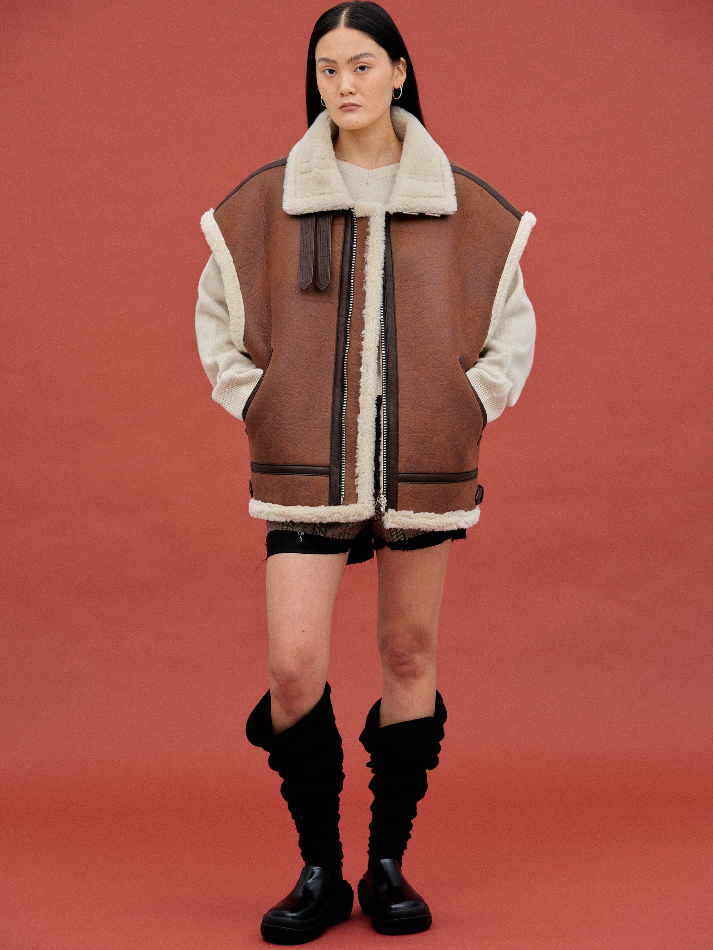 Oversized Shearling Vest, Bison