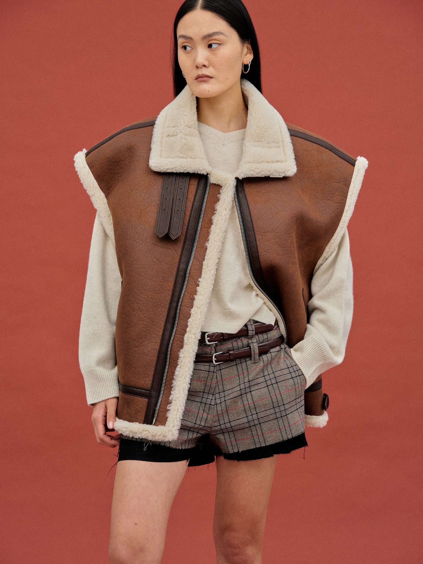 Oversized Shearling Vest, Bison