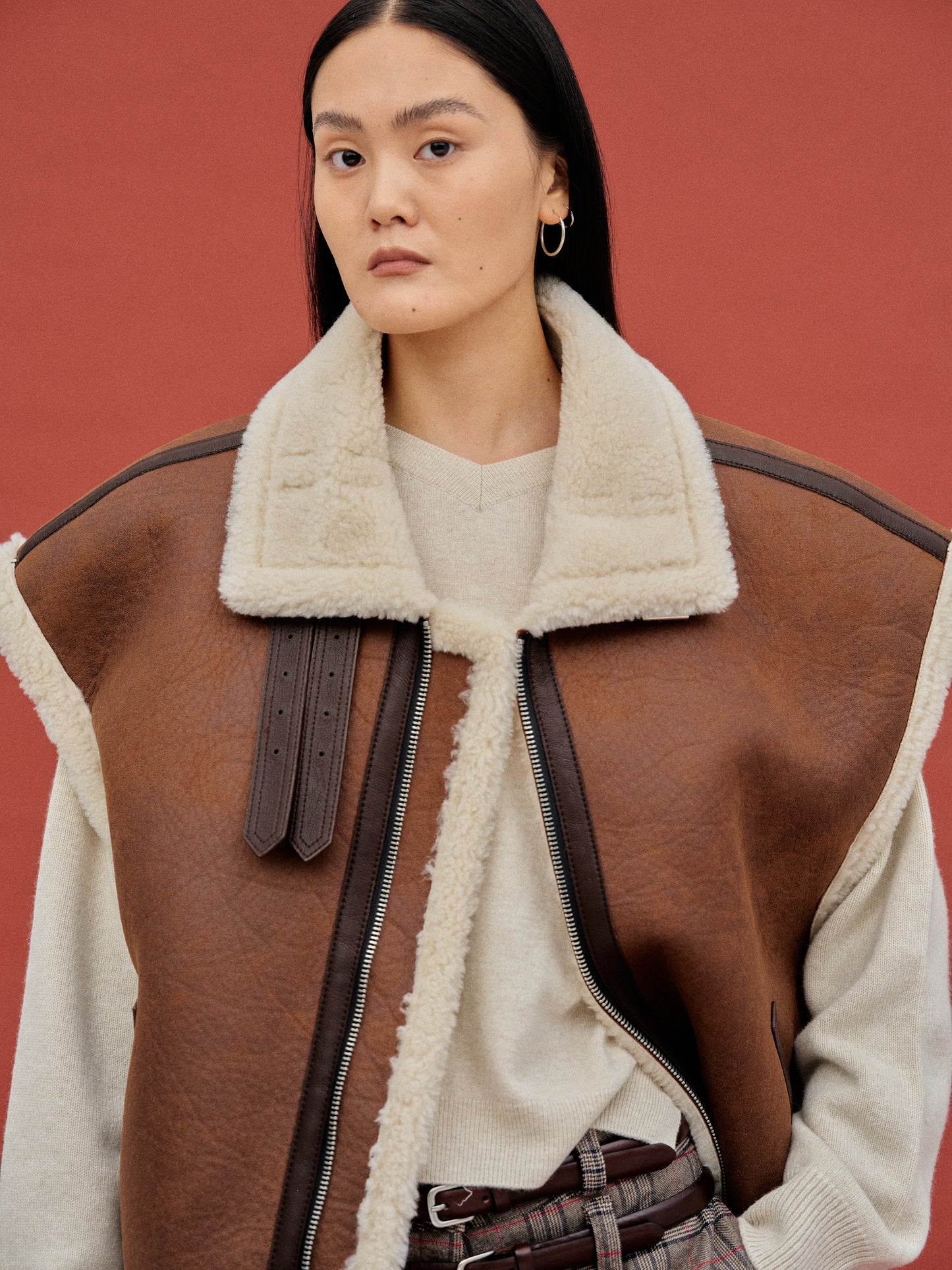 Oversized Shearling Vest, Bison