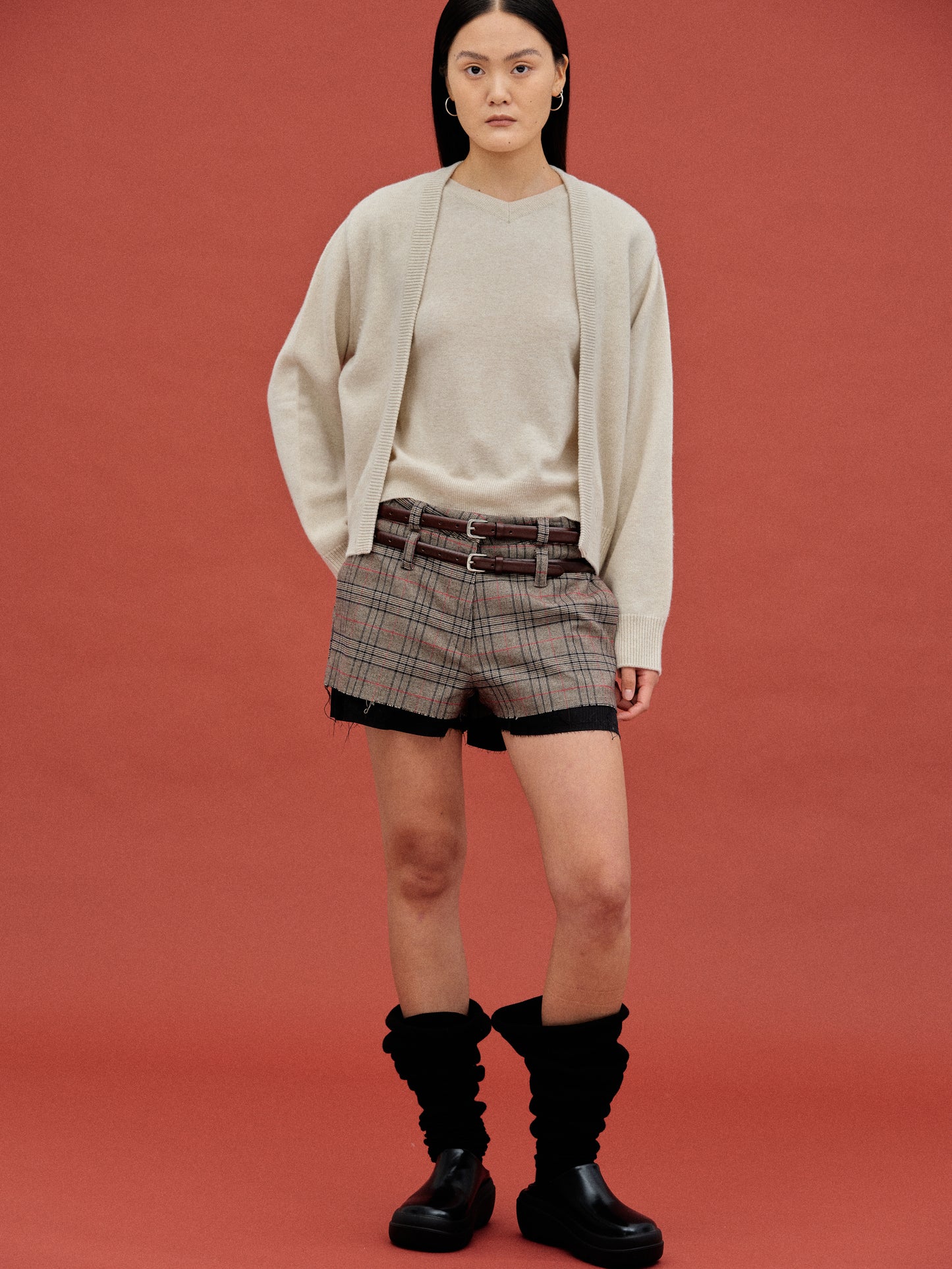 Double Belt Loop Checked Shorts, Brown