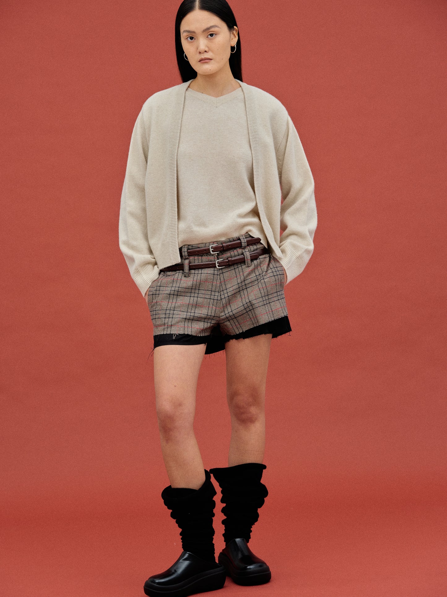 Double Belt Loop Checked Shorts, Brown