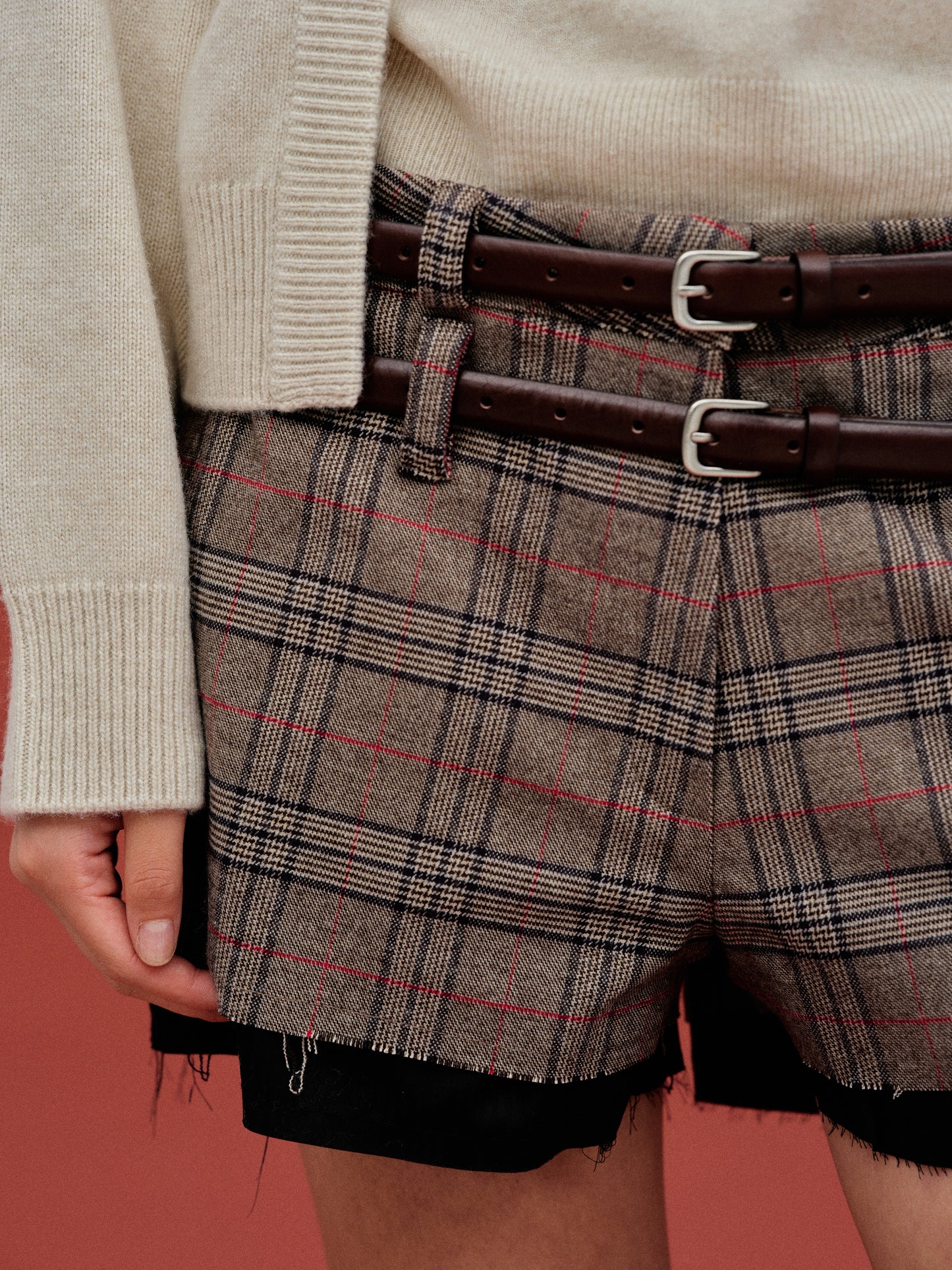 Double Belt Loop Checked Shorts, Brown