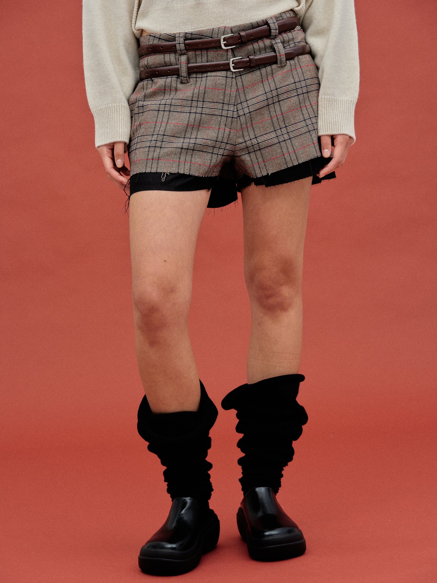Double Belt Loop Checked Shorts, Brown