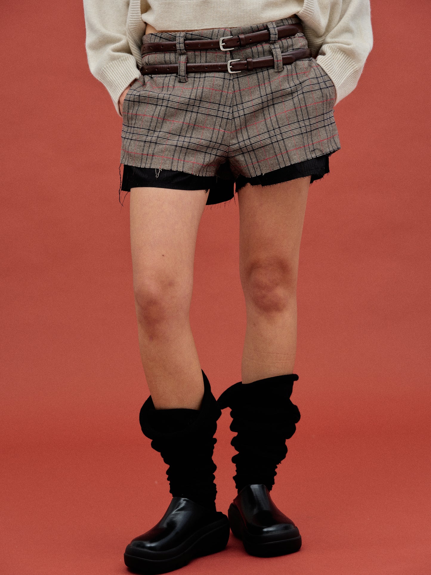 Double Belt Loop Checked Shorts, Brown