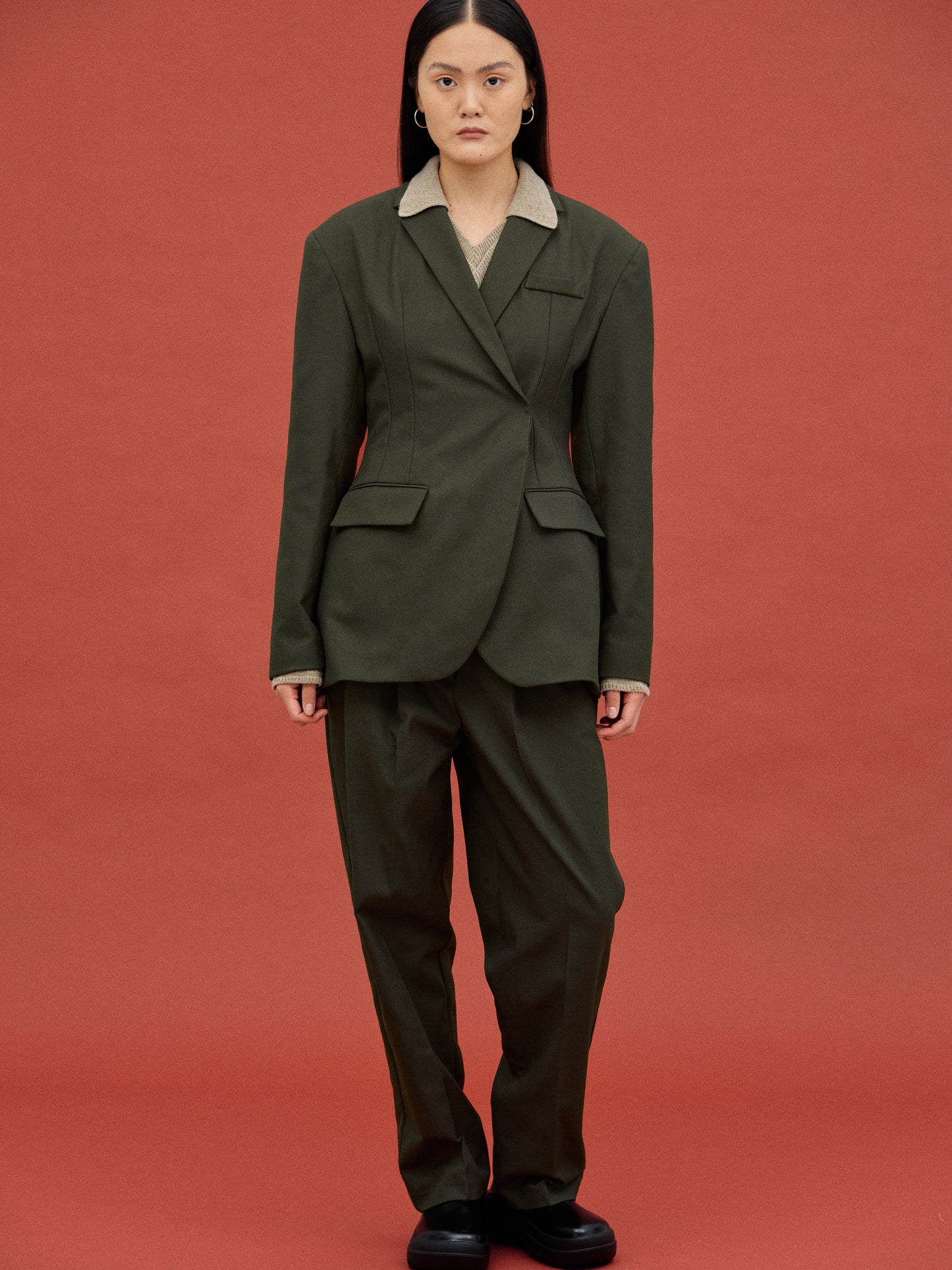Cinched Suit Blazer, Dark Khaki