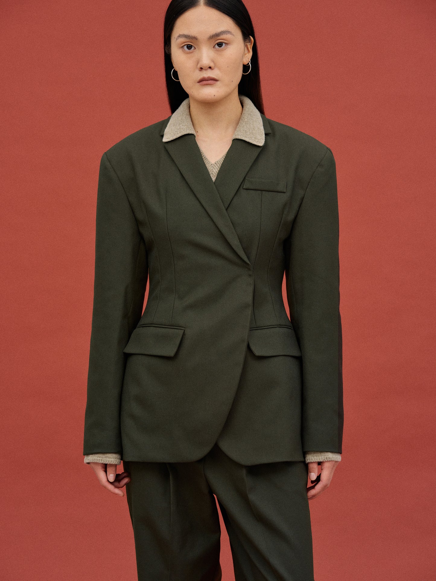 Cinched Suit Blazer, Dark Khaki