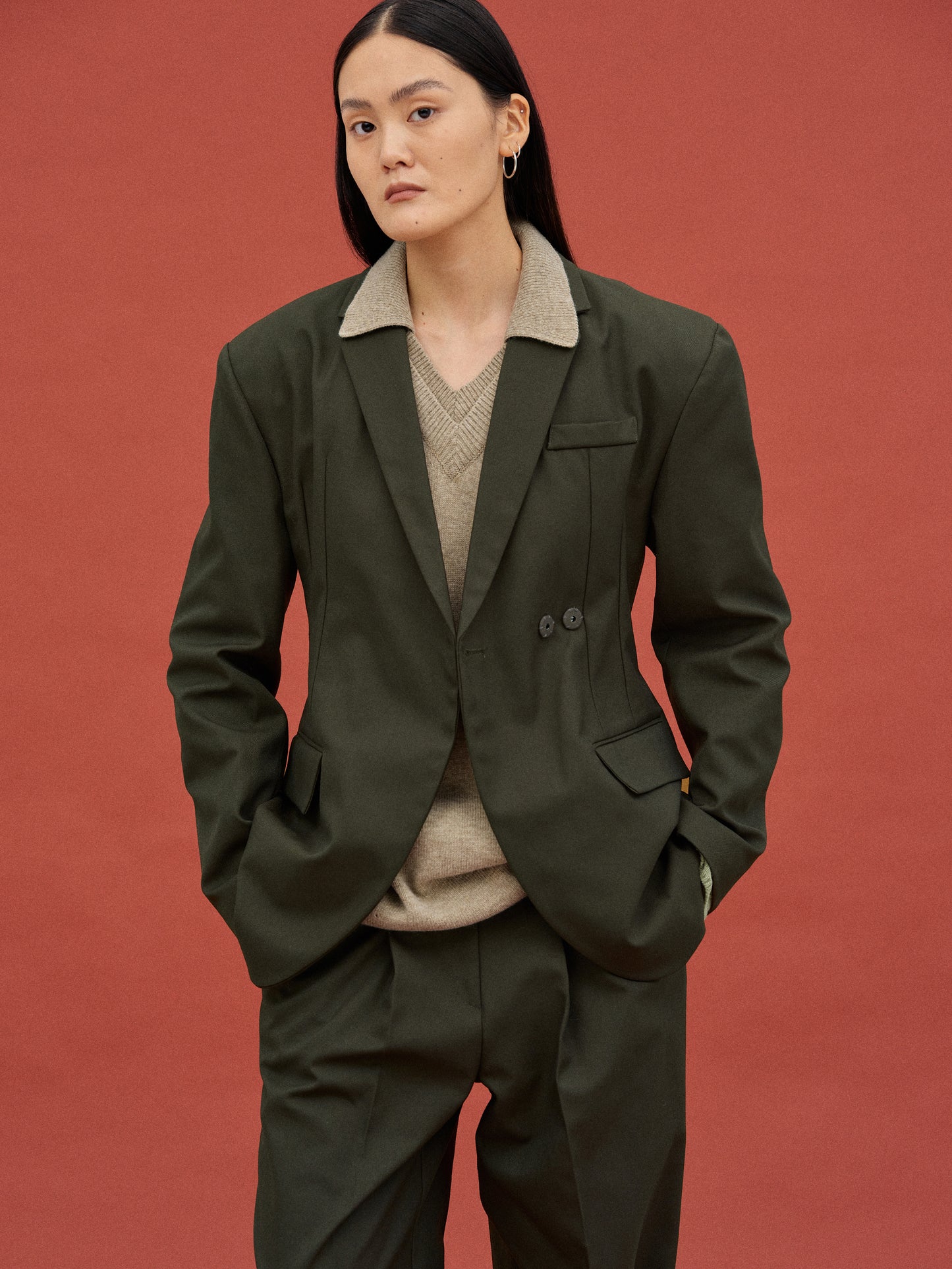 Cinched Suit Blazer, Dark Khaki