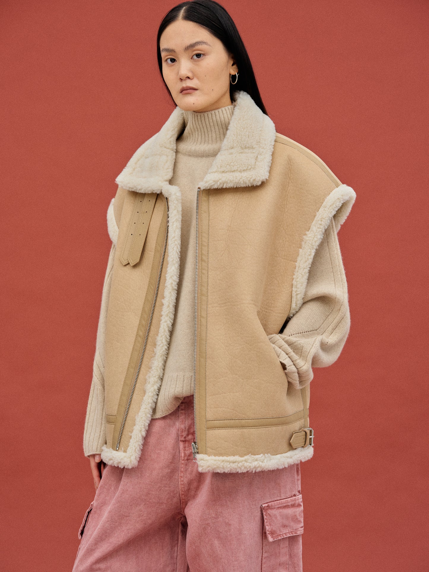 Oversized Shearling Vest, Camel