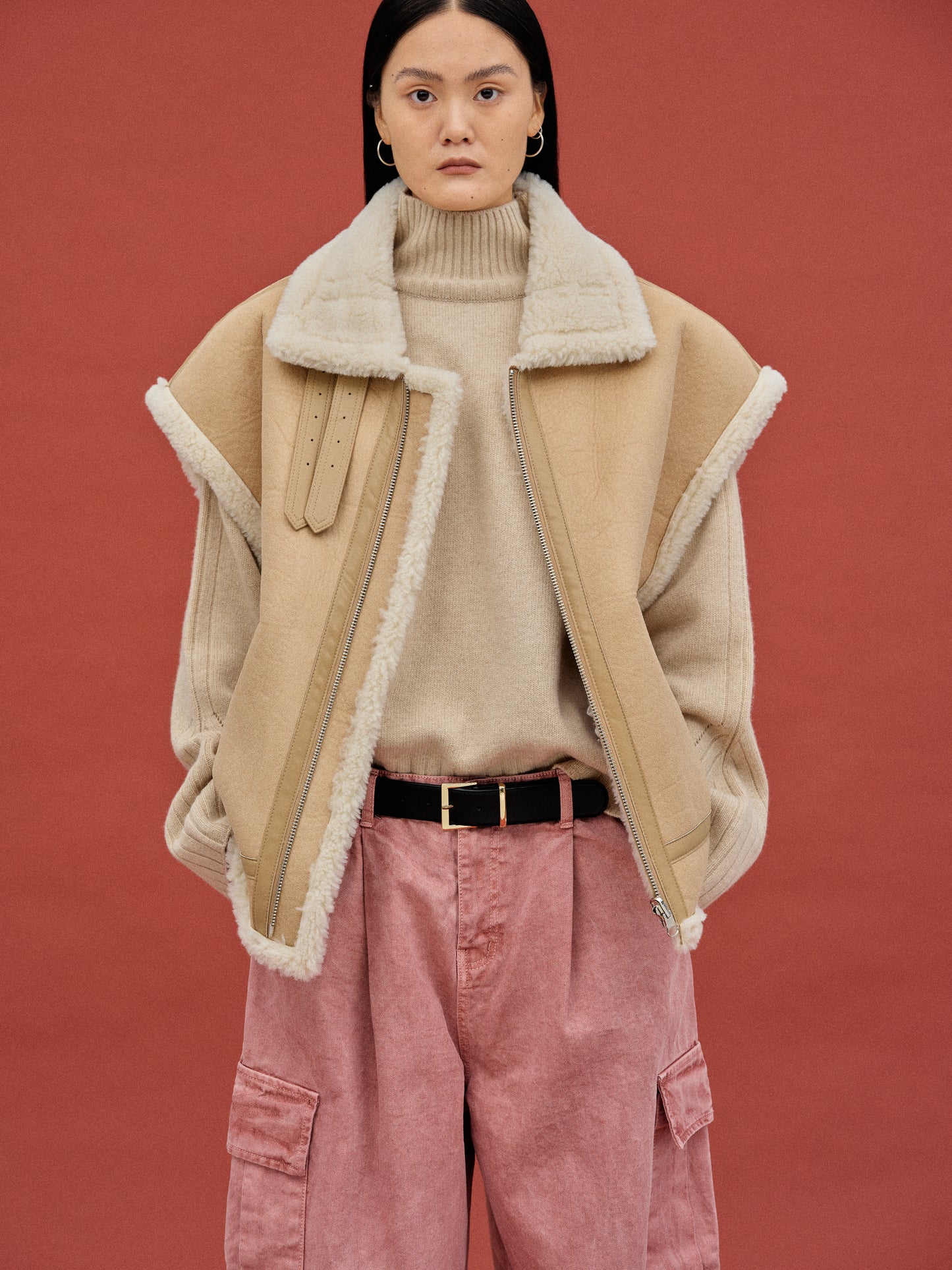 Oversized Shearling Vest, Camel