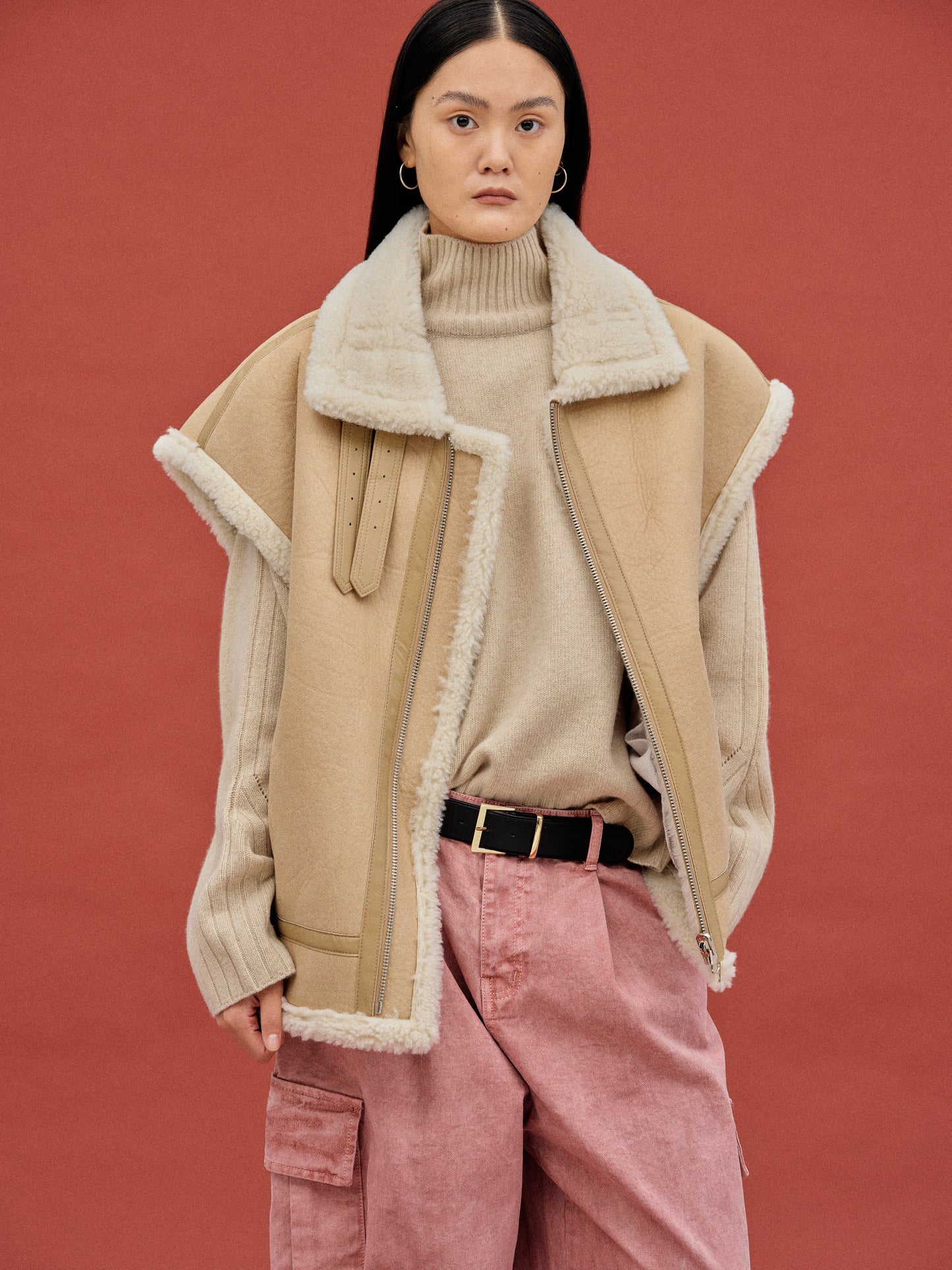 Oversized Shearling Vest, Camel