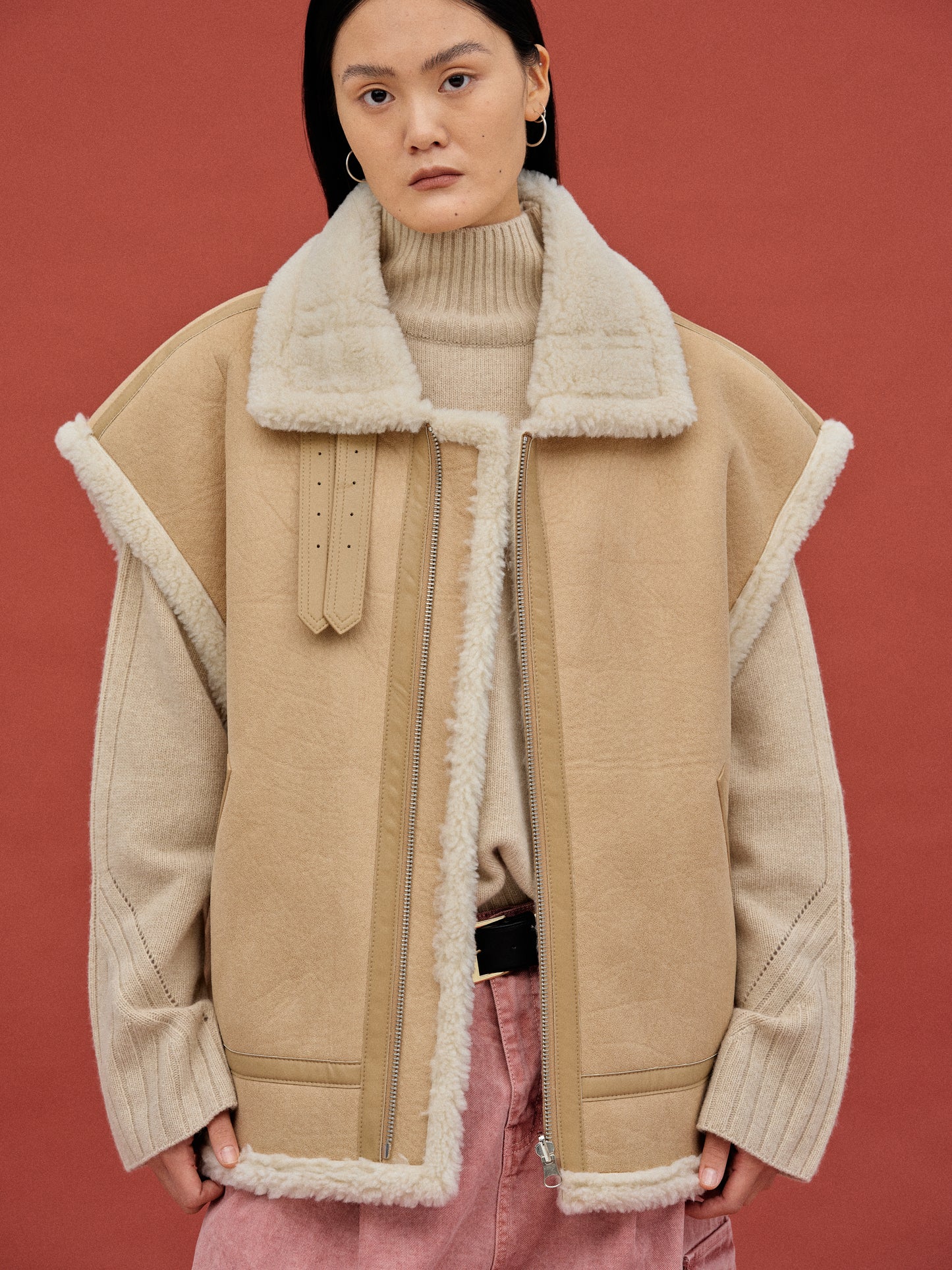 Oversized Shearling Vest, Camel