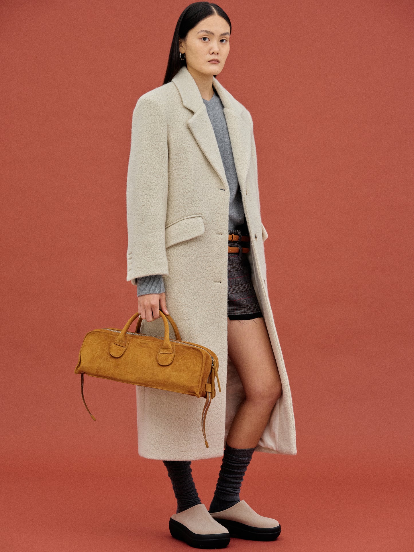 Leather Suede Rectangular Handbag, Camel