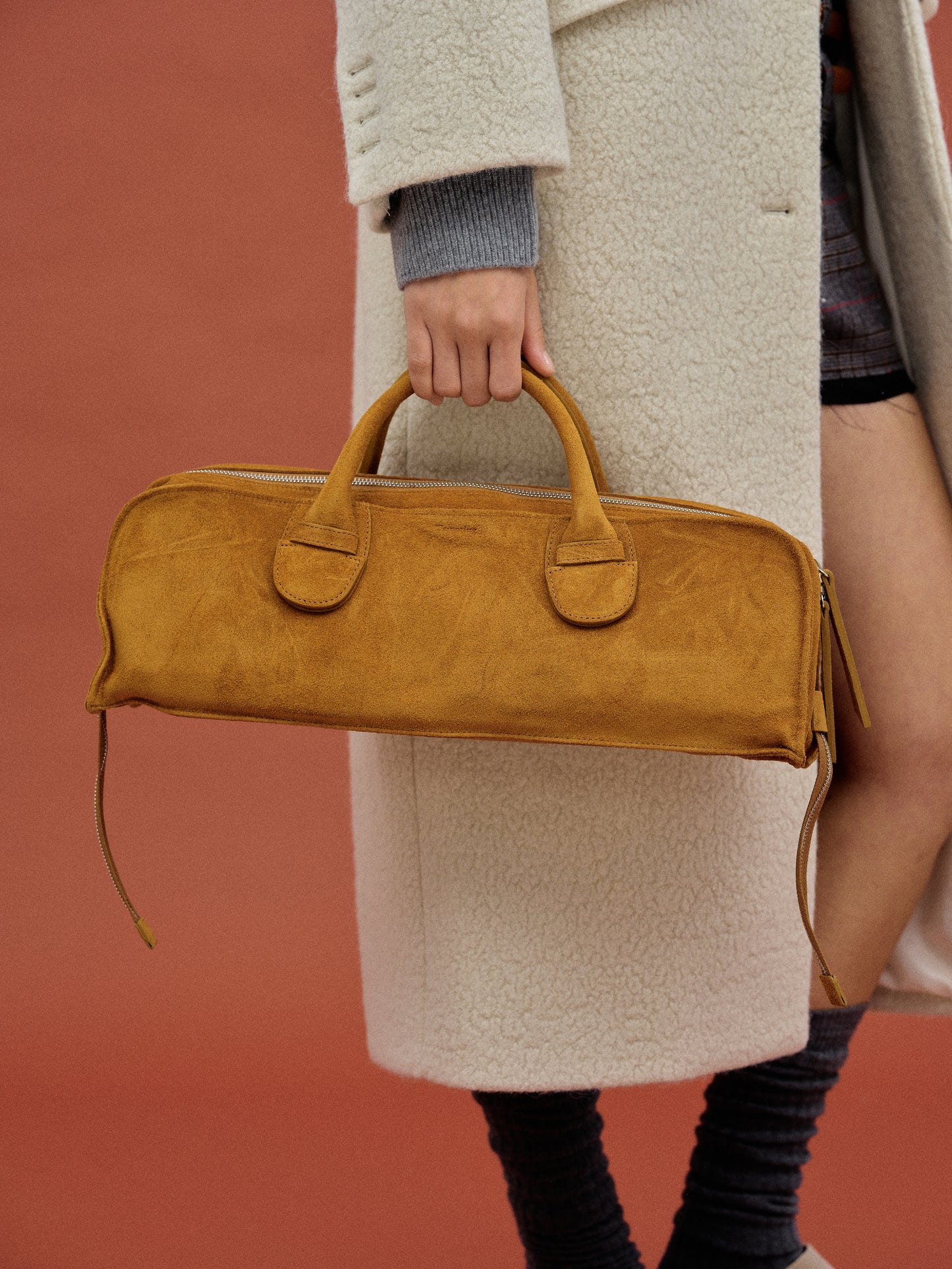 Leather Suede Rectangular Handbag, Camel
