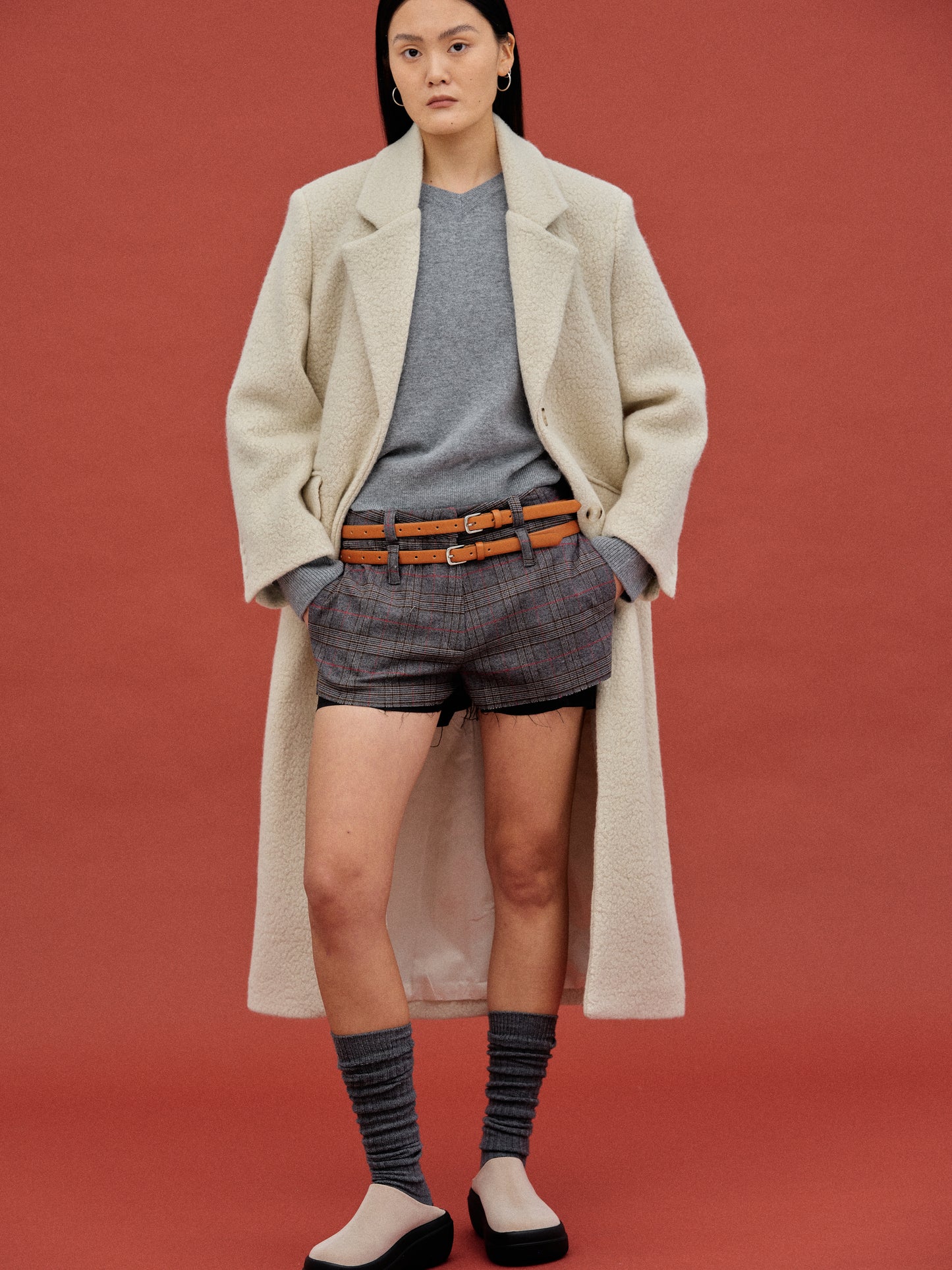 Double Belt Loop Checked Shorts, Charcoal