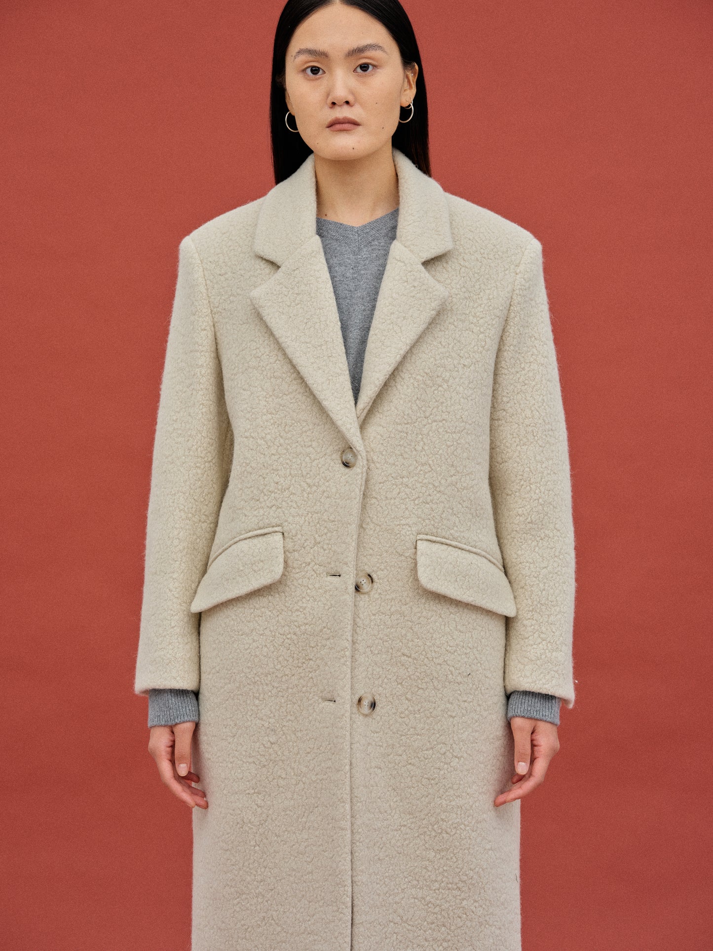 Long Bouclé Coat, Ivory