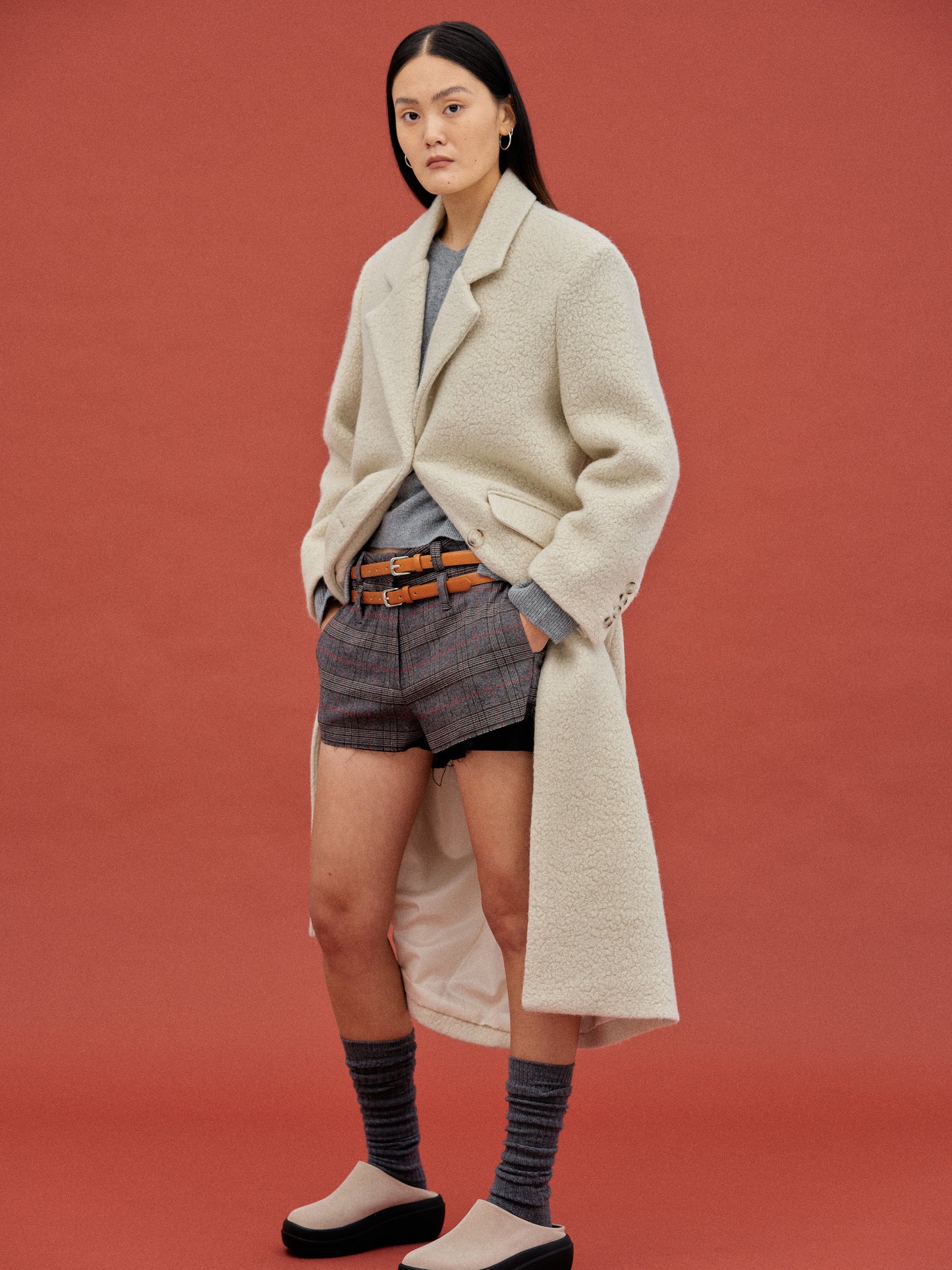 Double Belt Loop Checked Shorts, Charcoal
