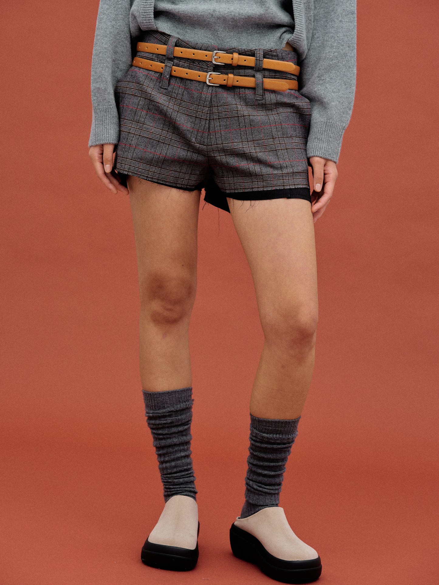 Double Belt Loop Checked Shorts, Charcoal