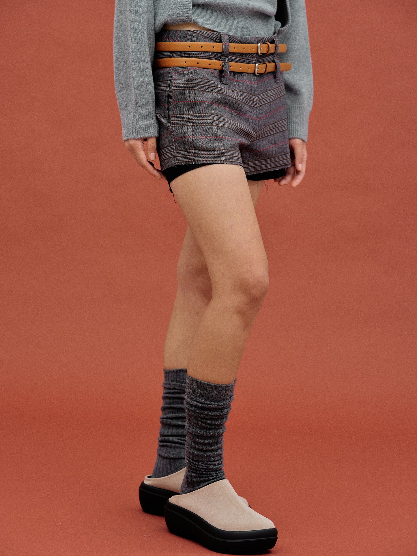 Double Belt Loop Checked Shorts, Charcoal