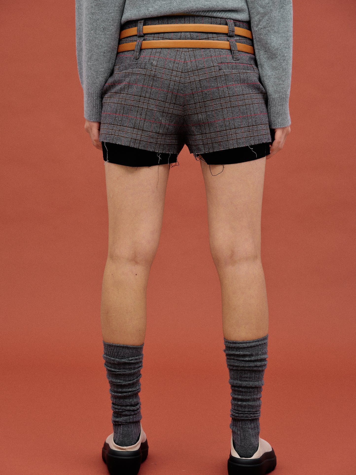 Double Belt Loop Checked Shorts, Charcoal