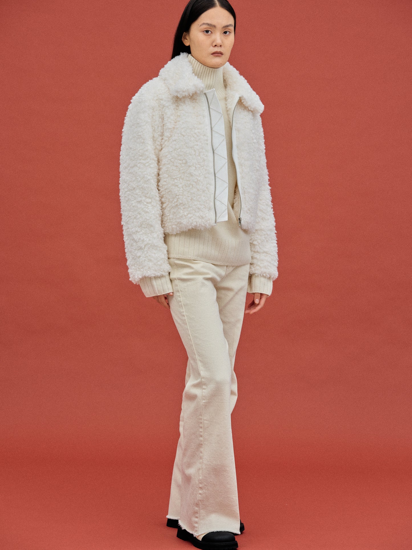 Curly Faux-Fur Jacket, White