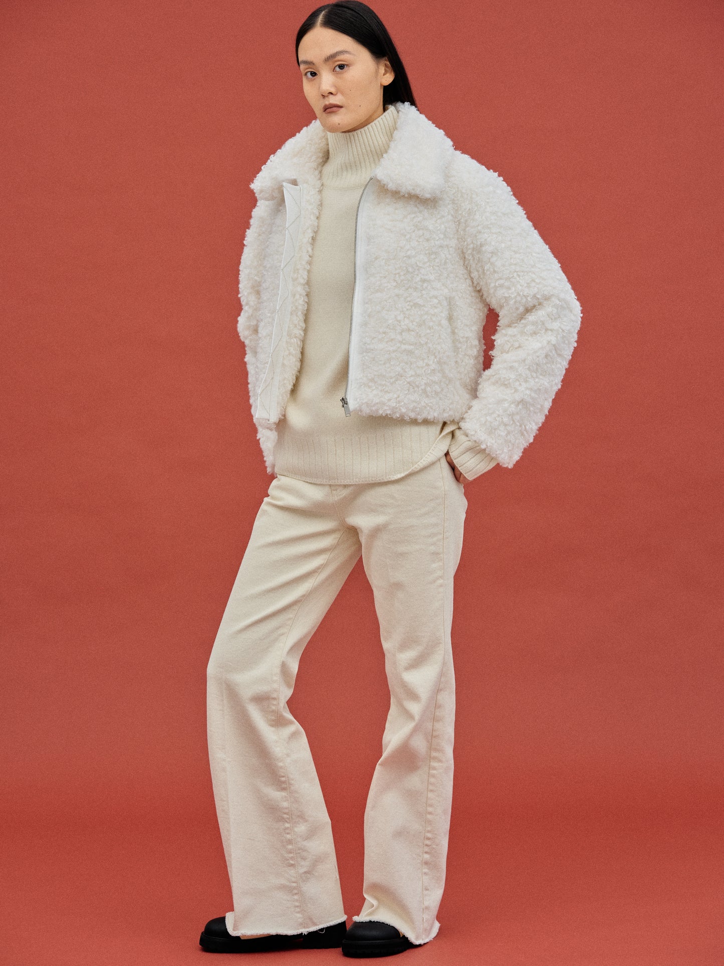 Curly Faux-Fur Jacket, White