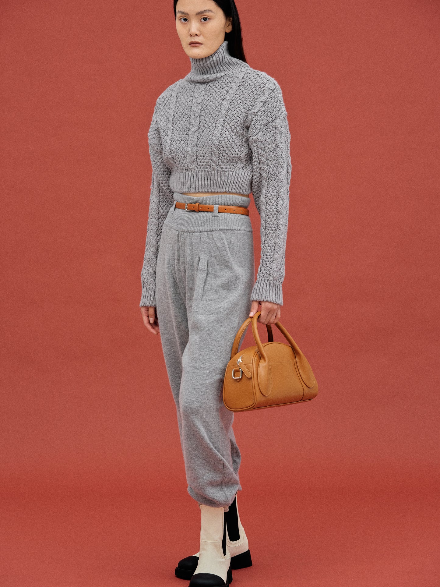 Cropped Turtleneck Cable Knit, Grey