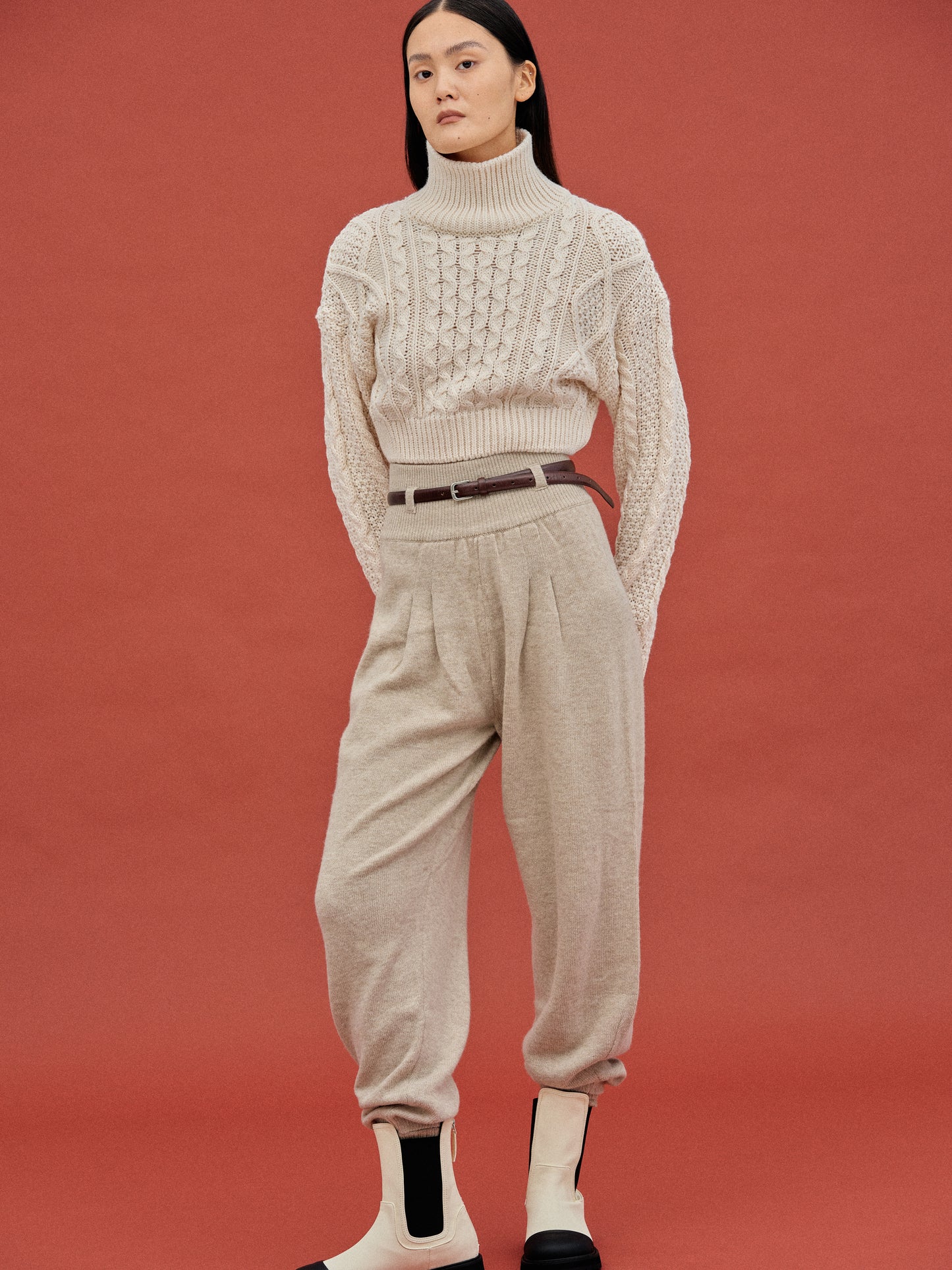 Cashmere Blend Knit Pants, Beige