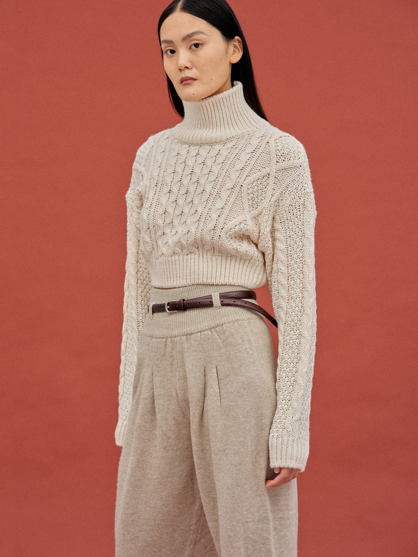 Cropped Turtleneck Cable Knit, Ivory