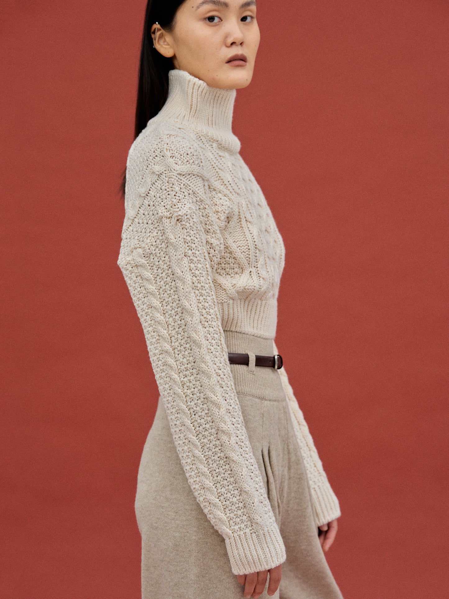 Cropped Turtleneck Cable Knit, Ivory