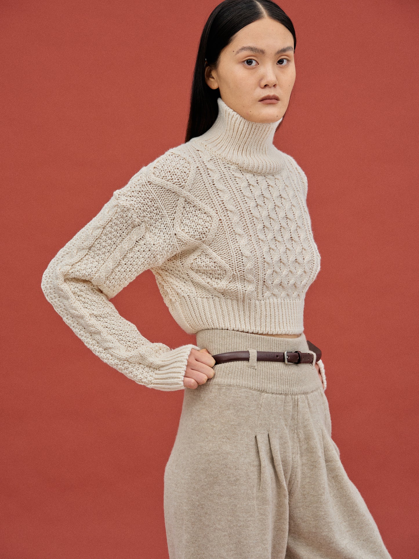 Cropped Turtleneck Cable Knit, Ivory