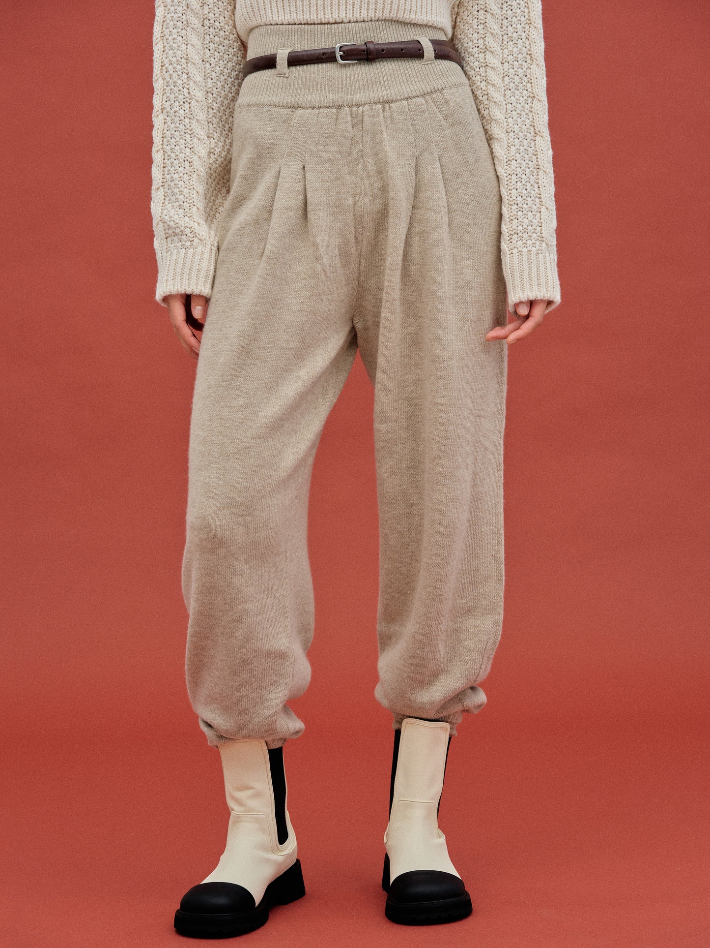 Cashmere Blend Knit Pants, Beige