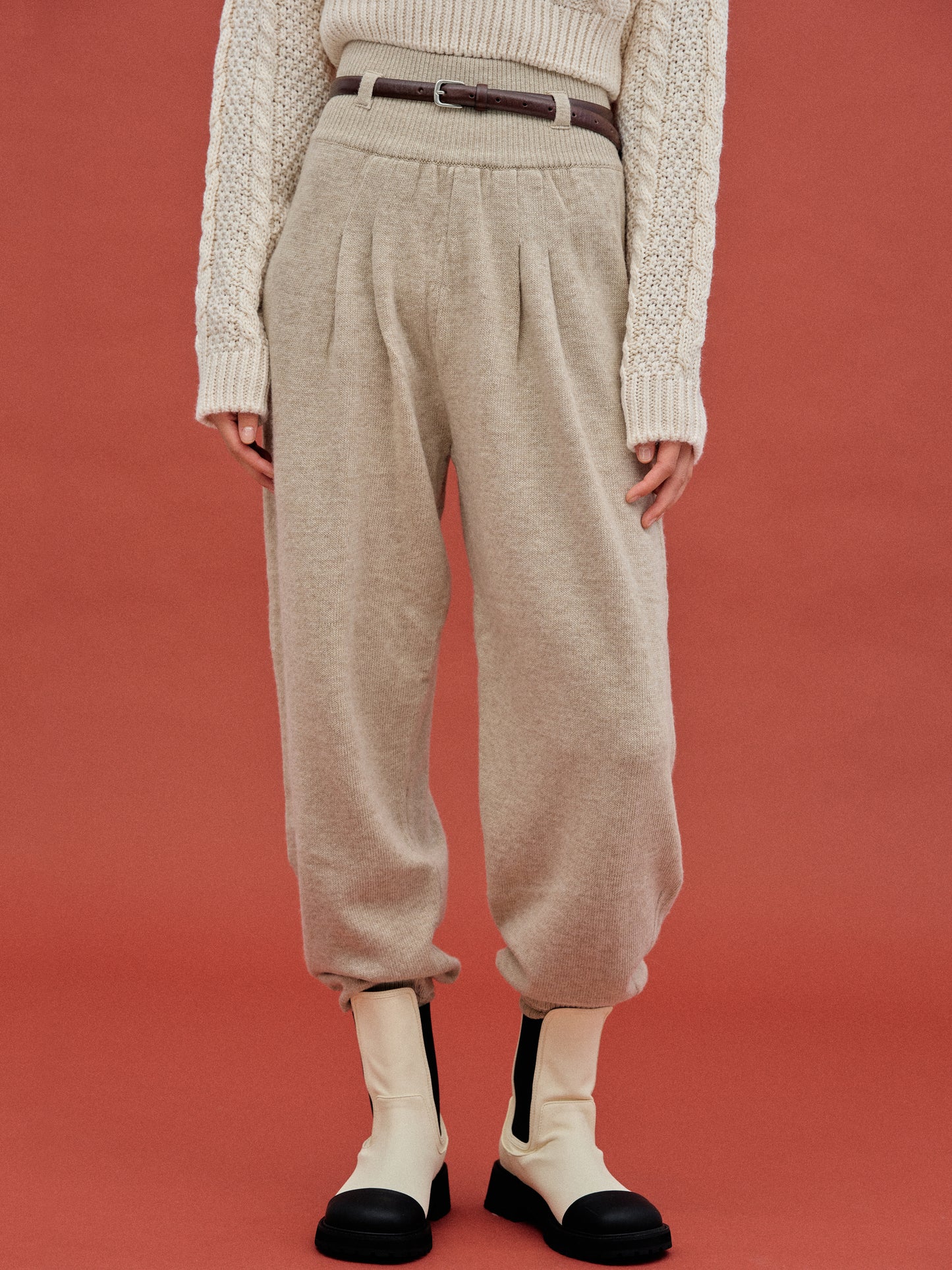 Cashmere Blend Knit Pants, Beige