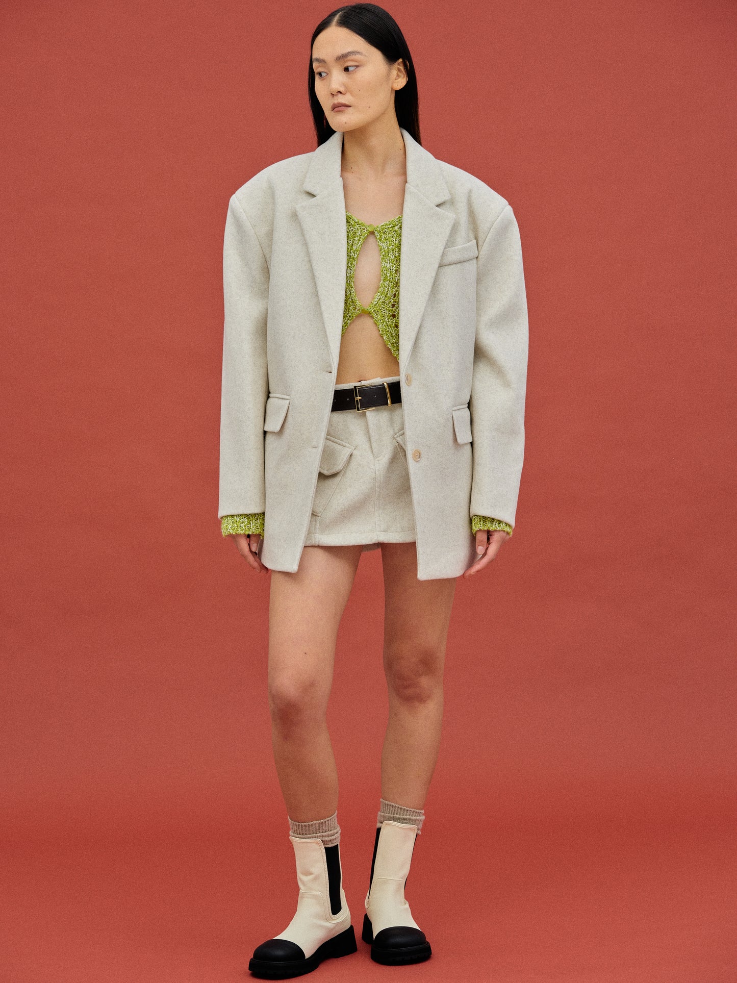Structured Wool Blazer, Oat Melange