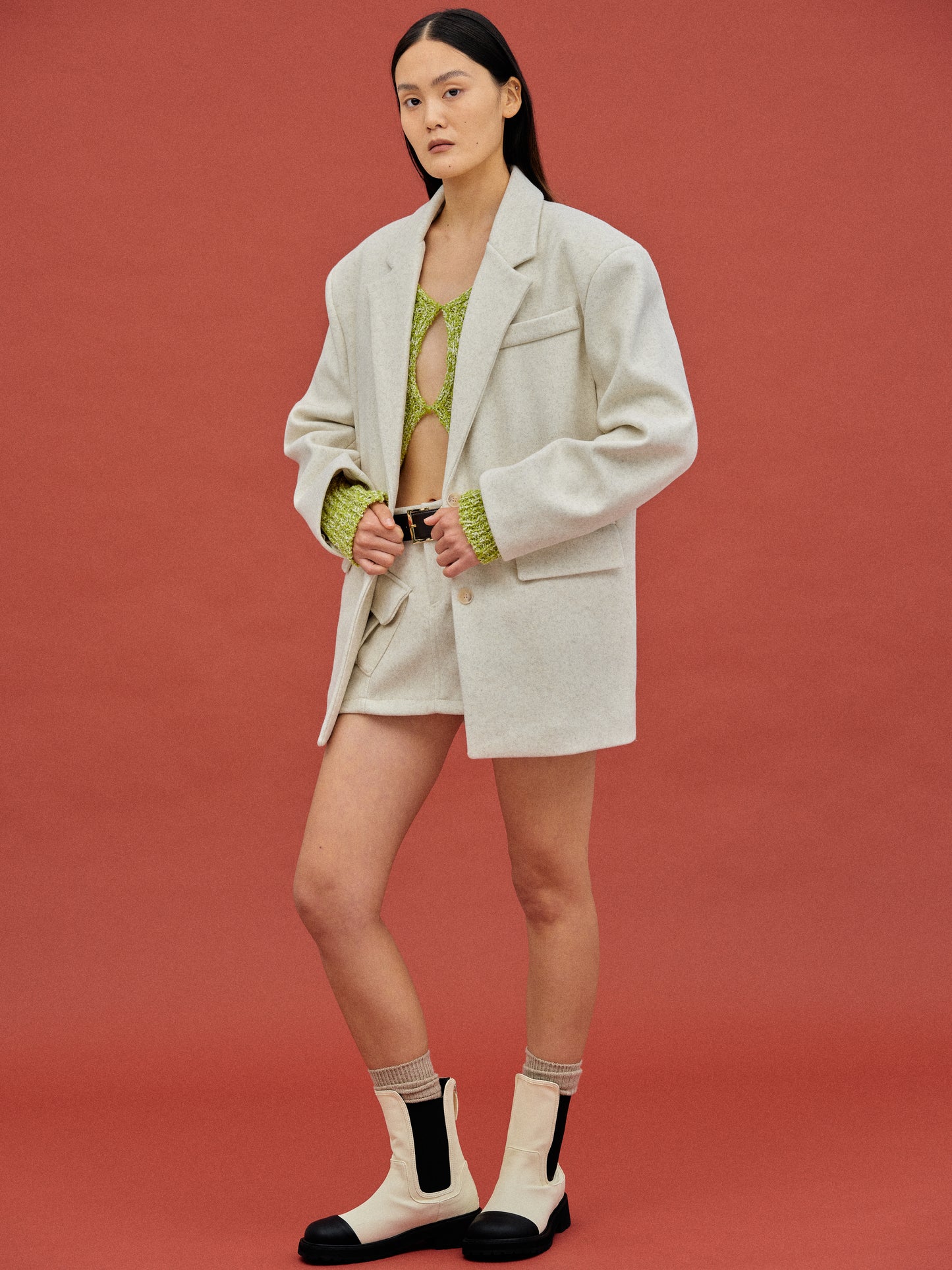 Structured Wool Blazer, Oat Melange