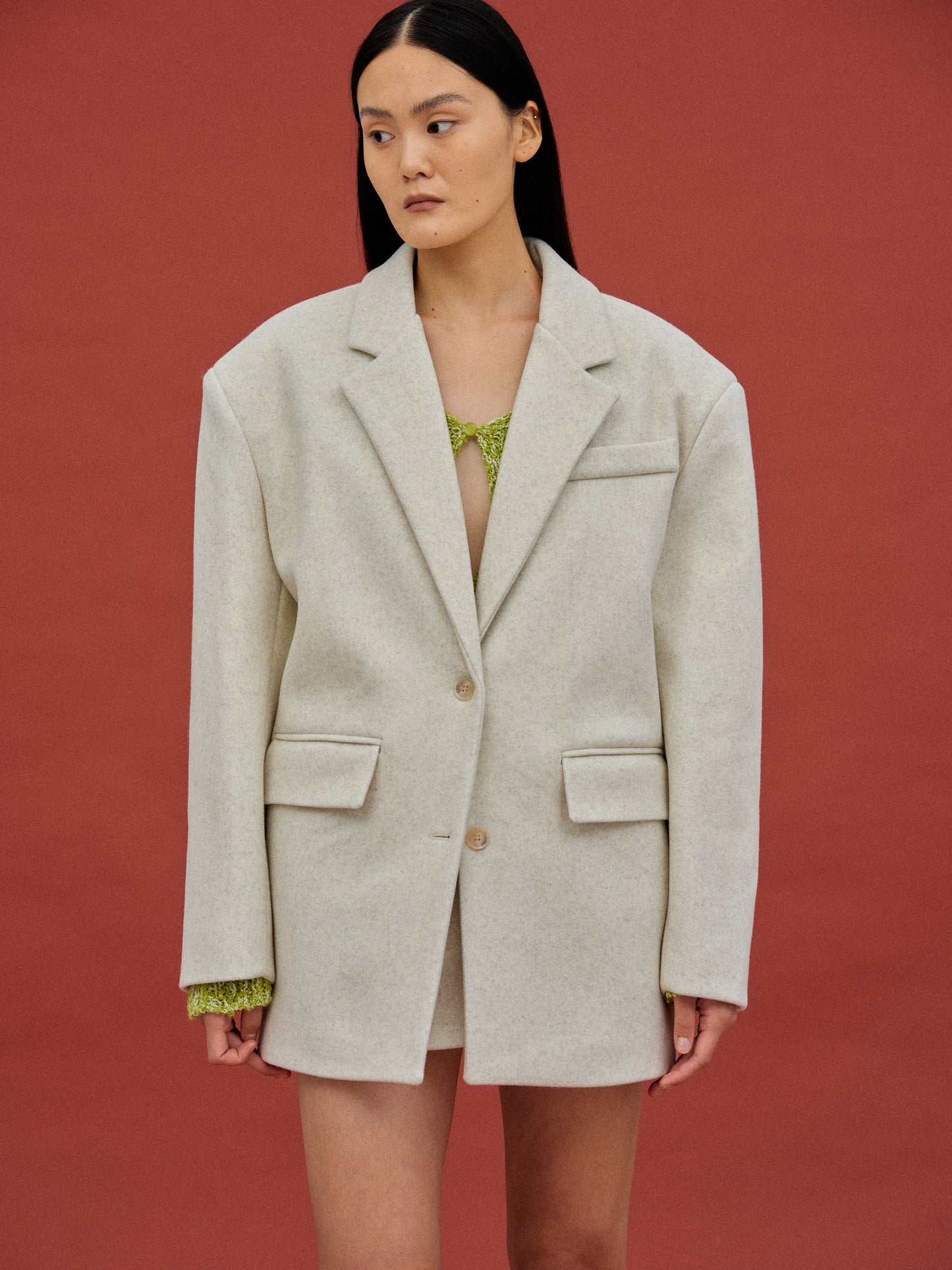 Structured Wool Blazer, Oat Melange