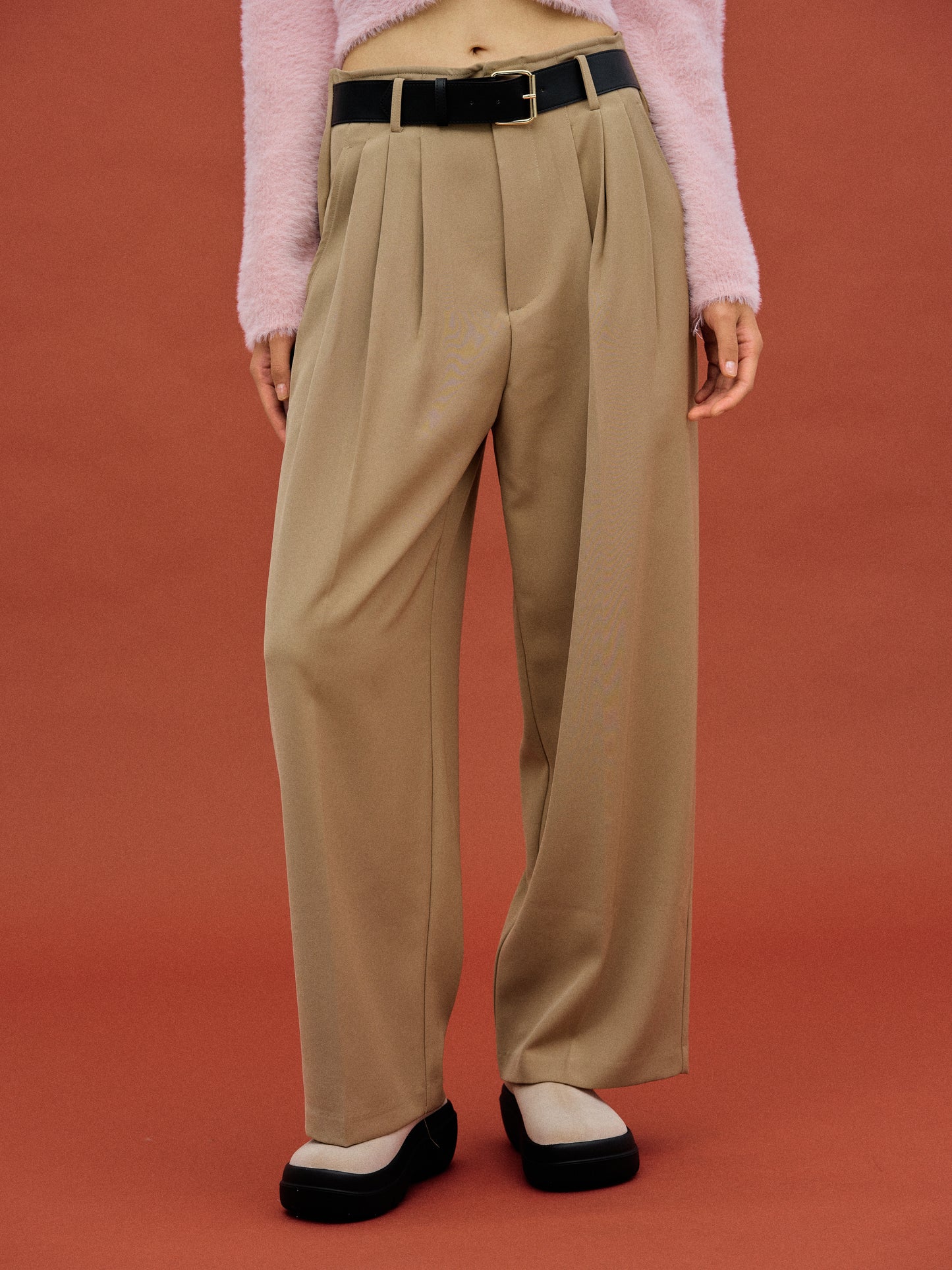 Integrated Belt Trousers, Beige
