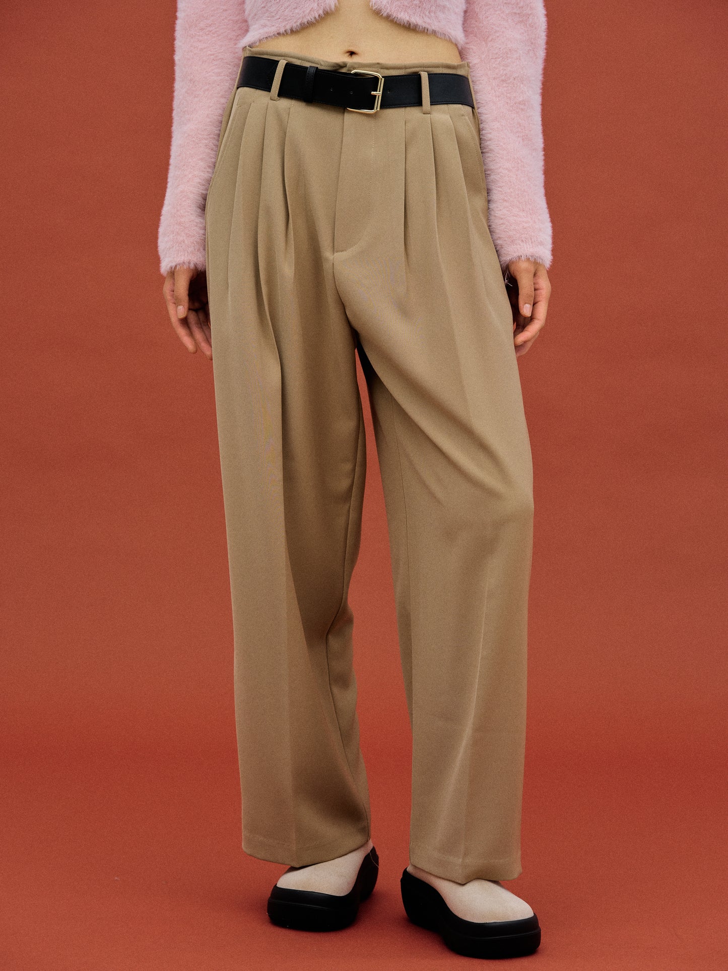 Integrated Belt Trousers, Beige