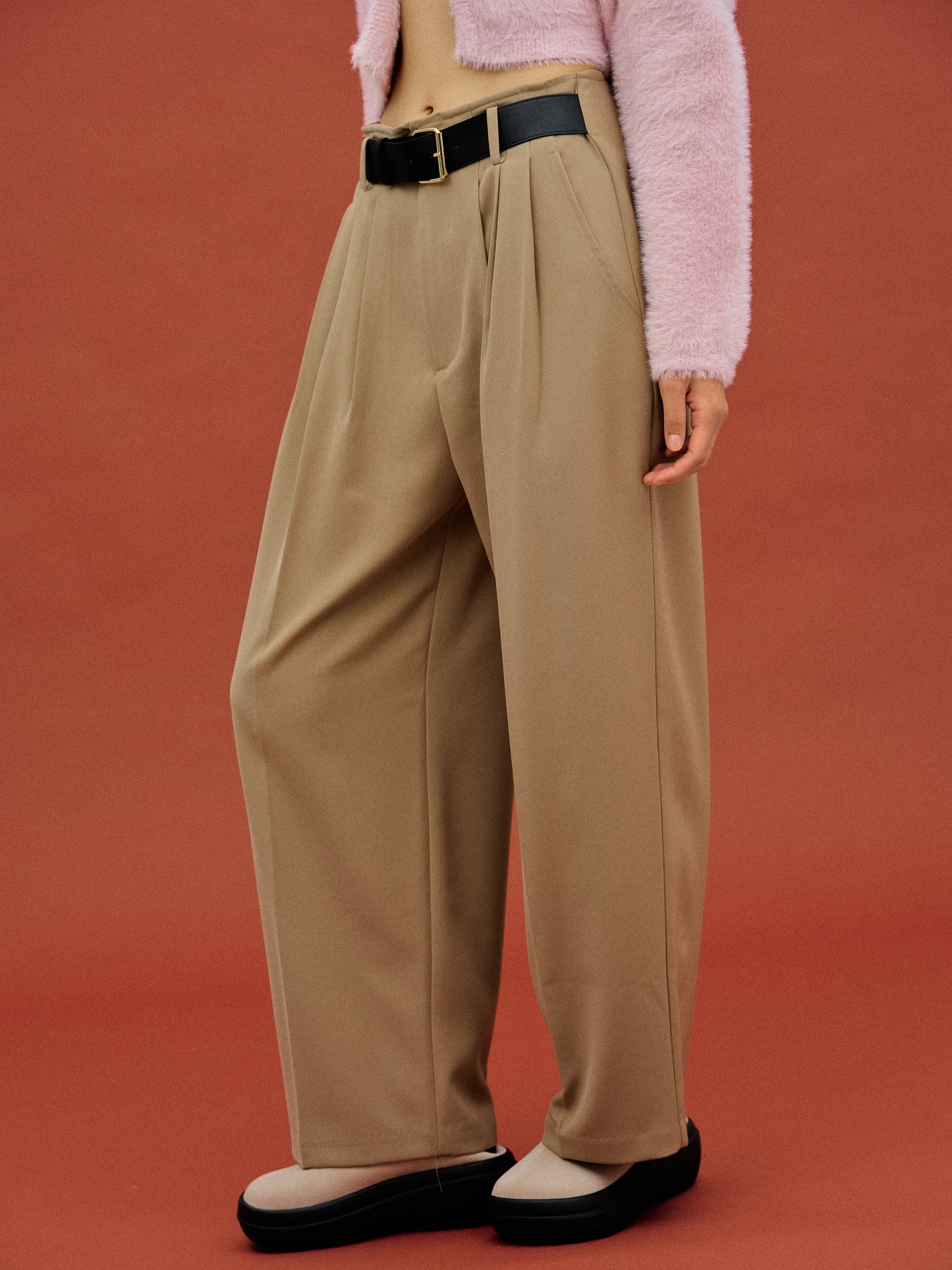 Integrated Belt Trousers, Beige