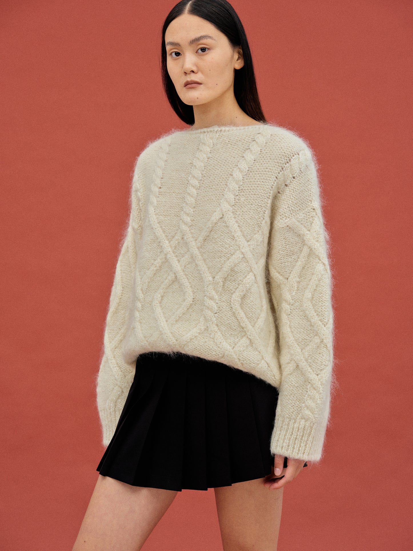 Brushed Cable Sweater, Ivory