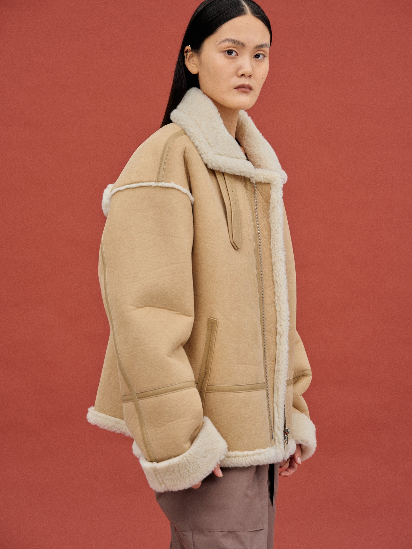Oversized Shearling Coat, Camel