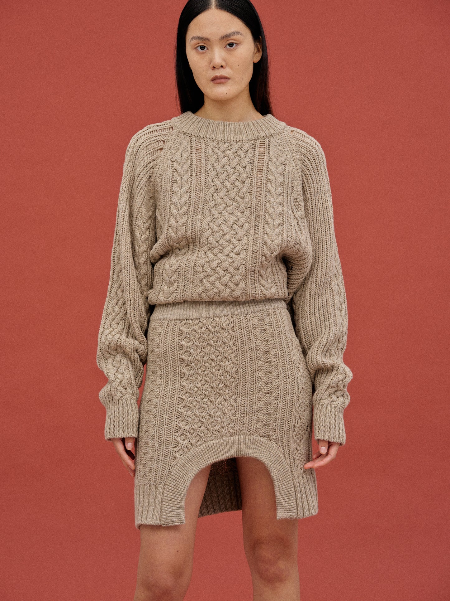 Curved Cable Knit Skirt, Almond