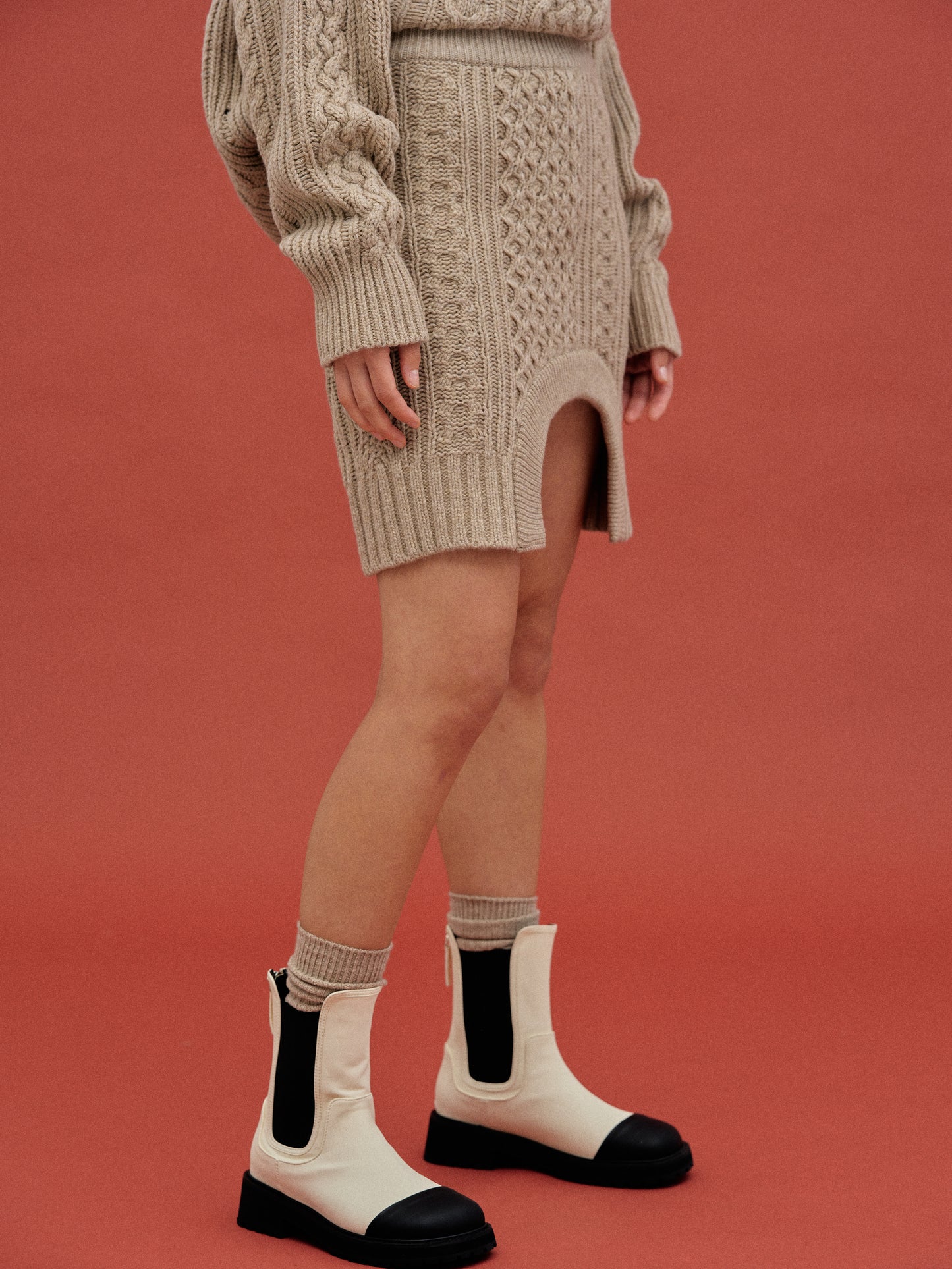 Curved Cable Knit Skirt, Almond