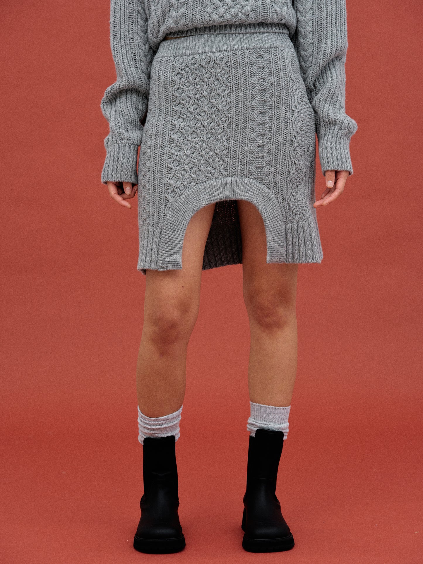 Curved Cable Knit Skirt, Grey