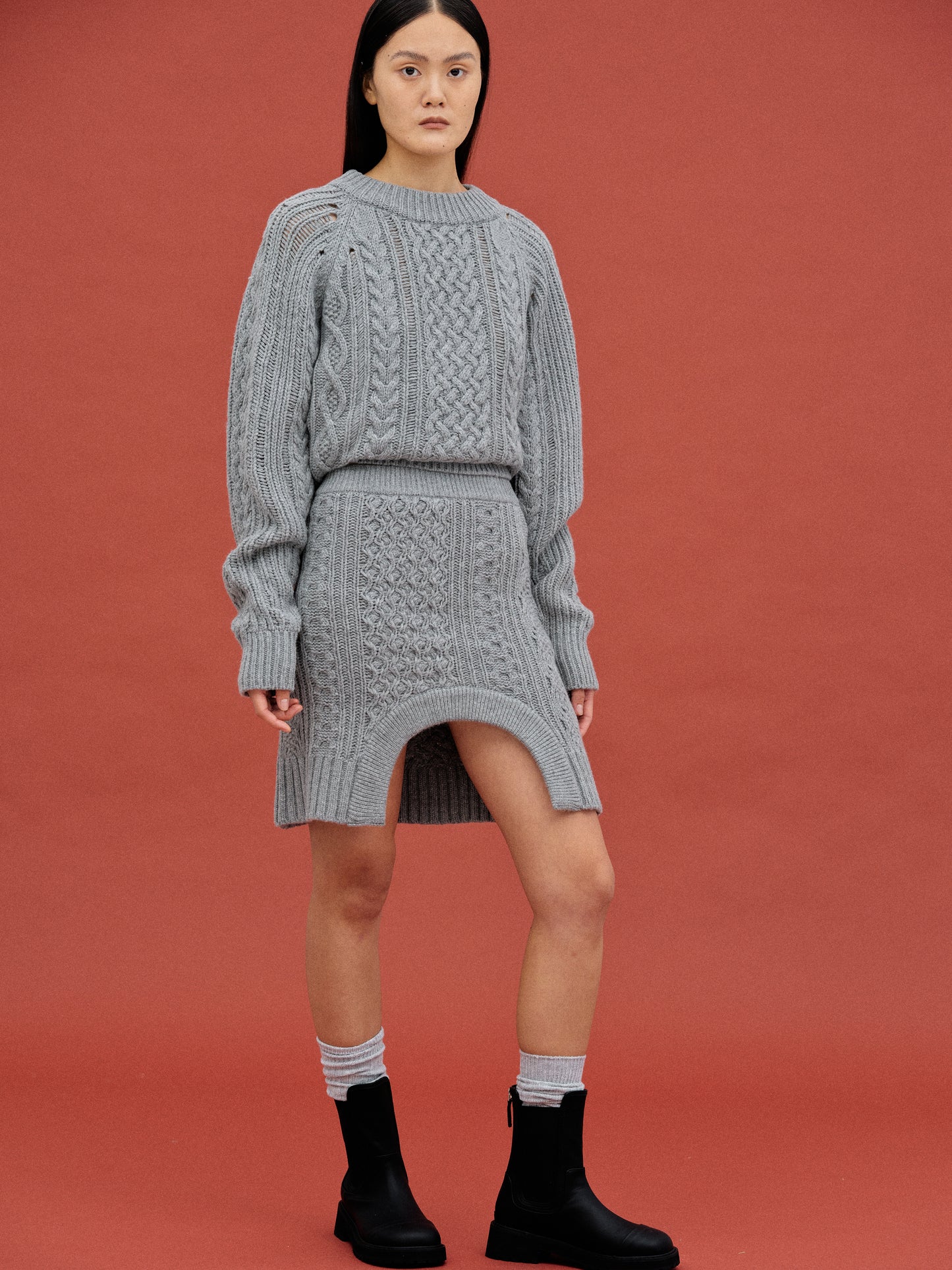 Curved Cable Knit Skirt, Grey
