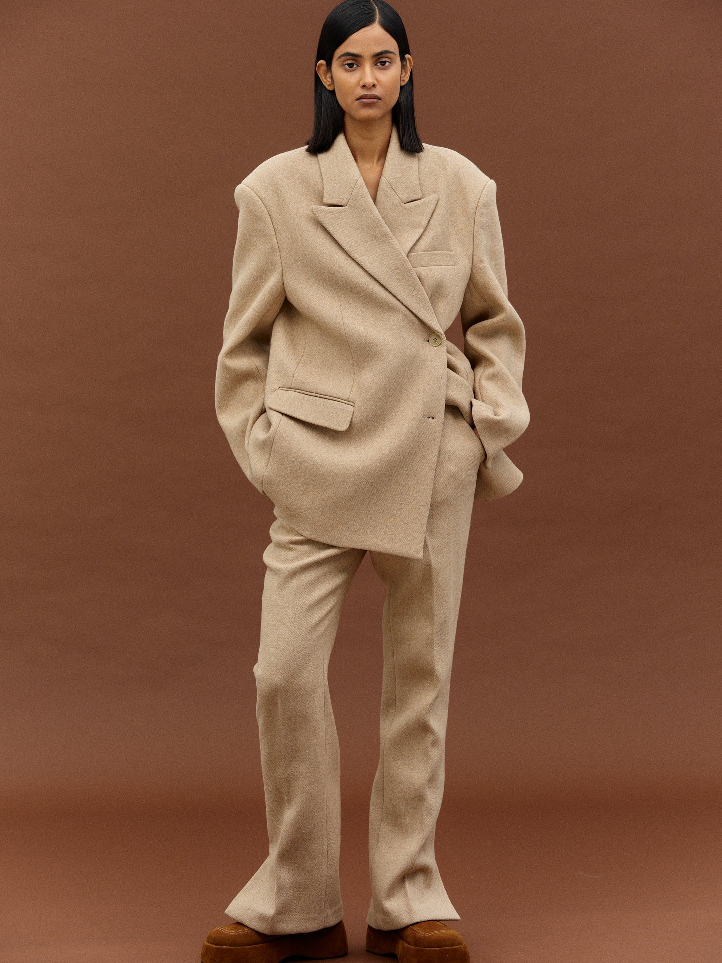 Side Slit Wool Trousers, Sand