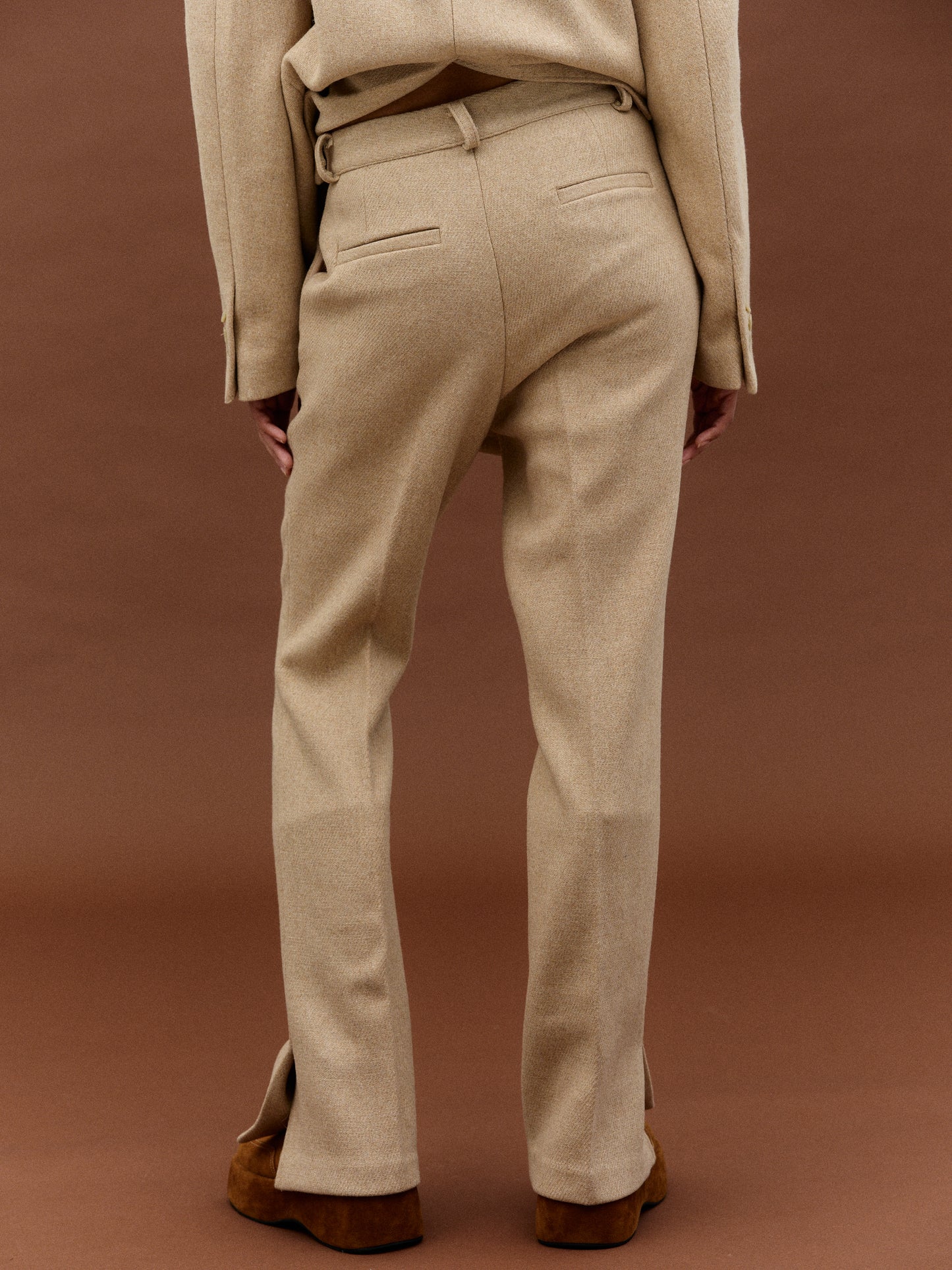 Side Slit Wool Trousers, Sand