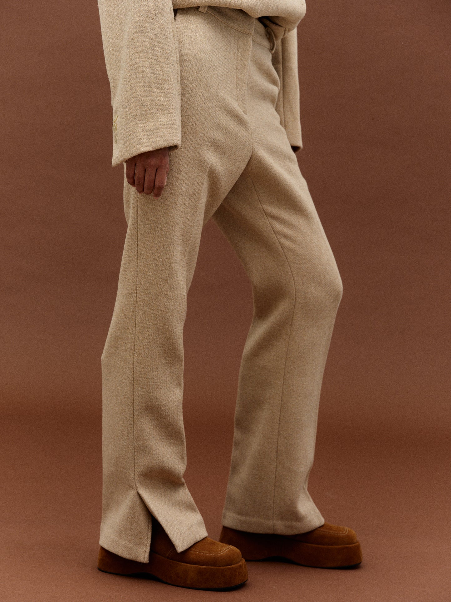 Side Slit Wool Trousers, Sand