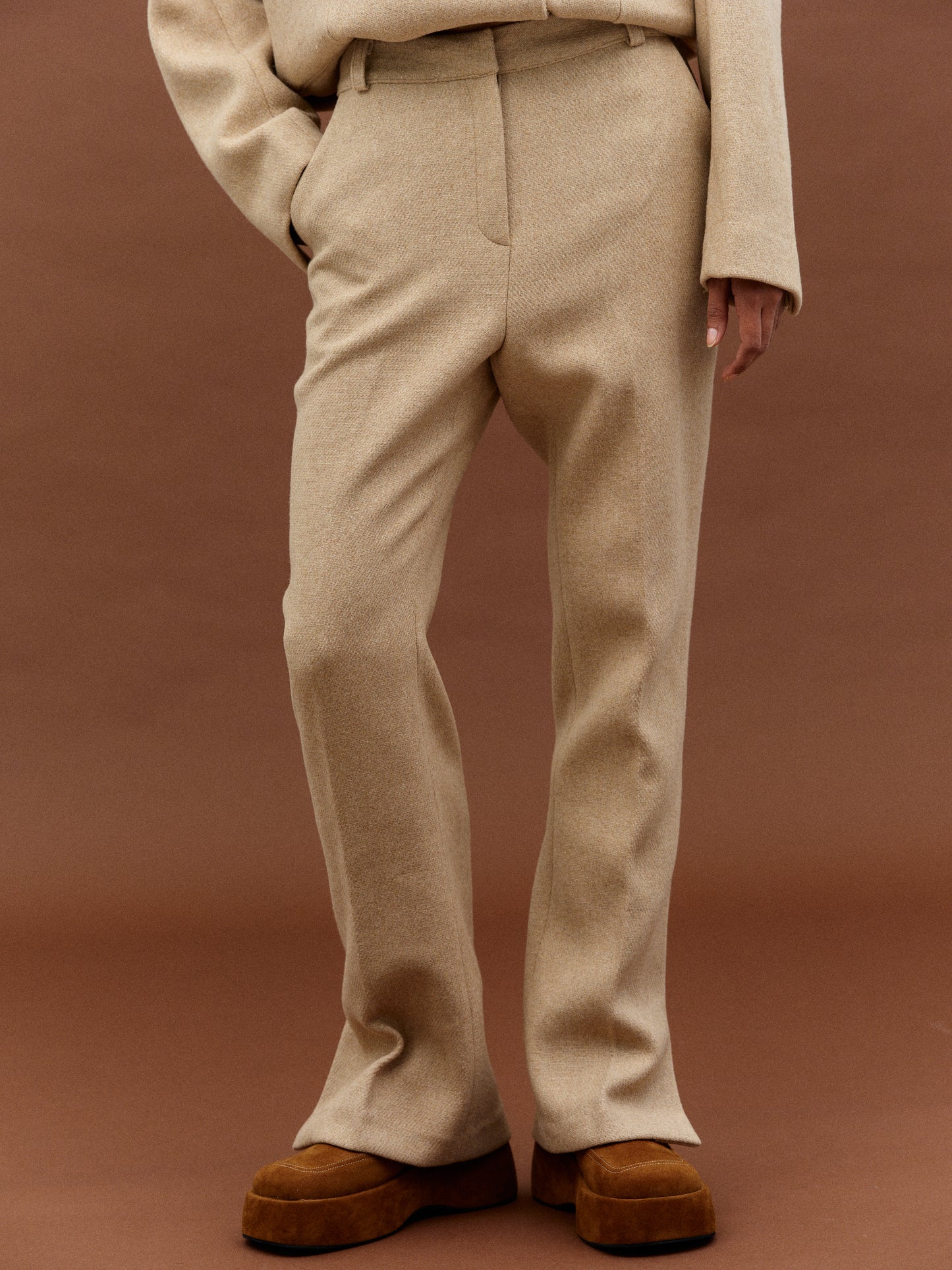 Side Slit Wool Trousers, Sand